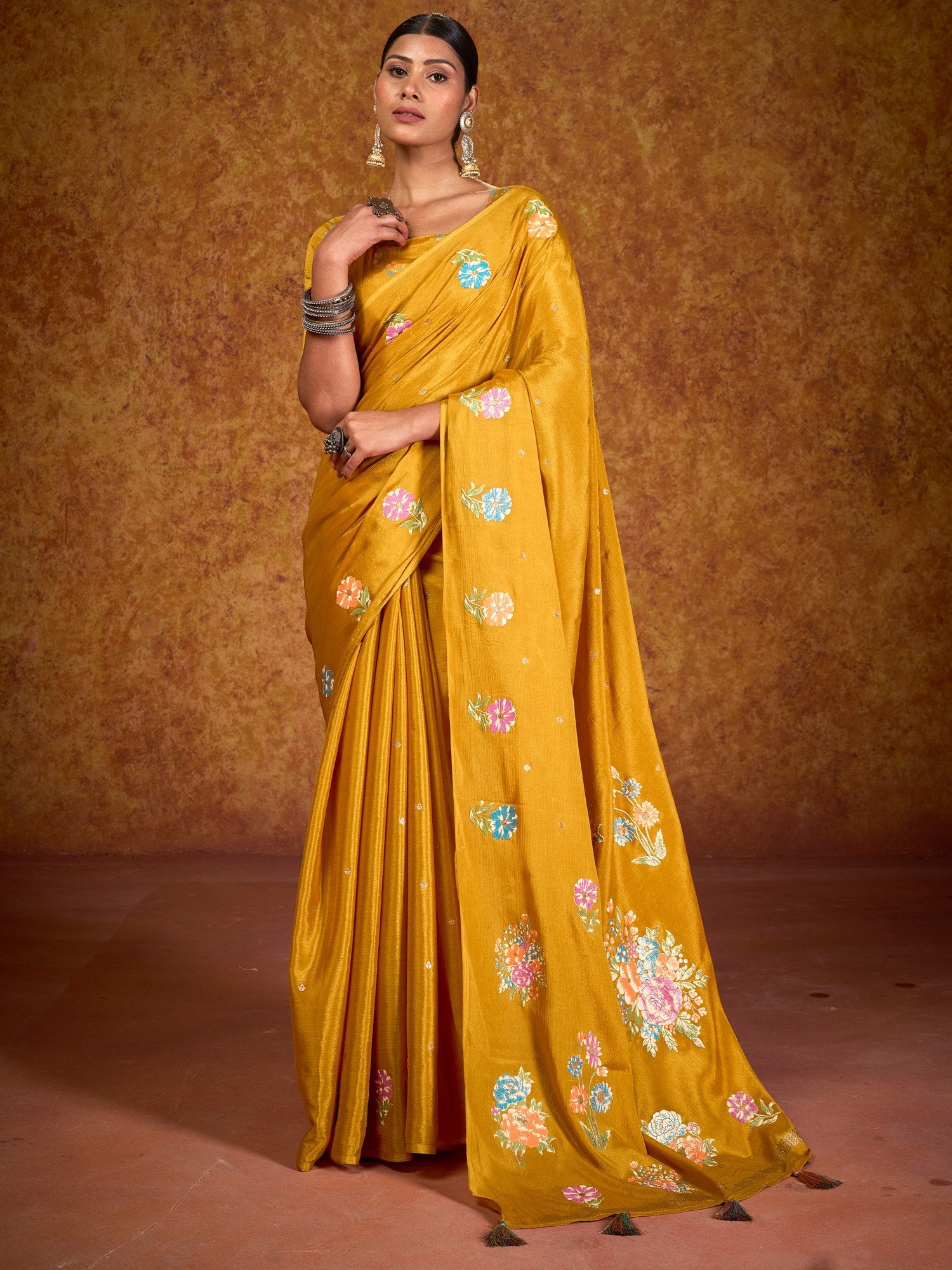 Yellow Mustard Tussar chinnon Printed Saree