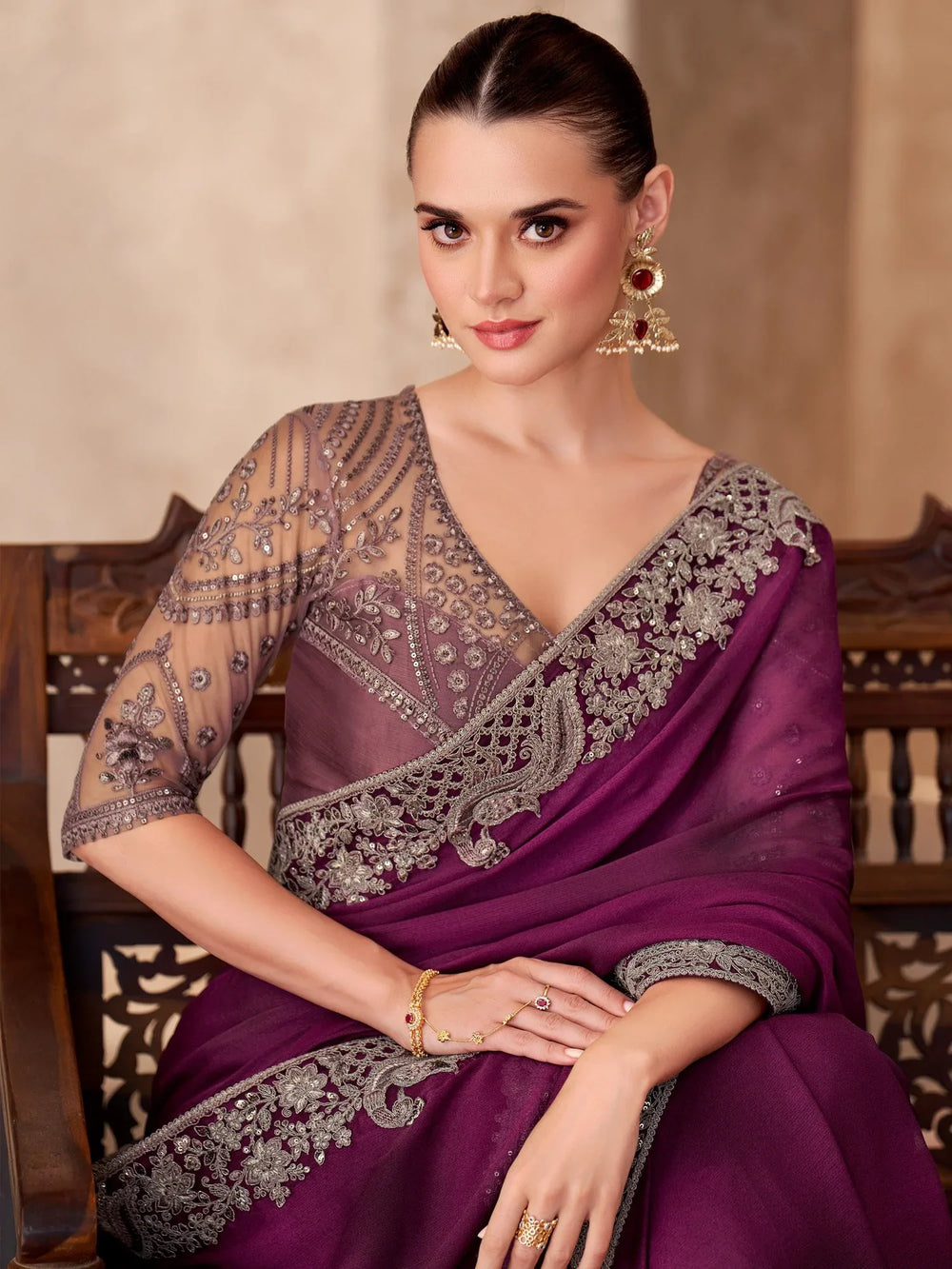 Burgundy Party Wear Chiffon Embellished Saree - The Dori Store