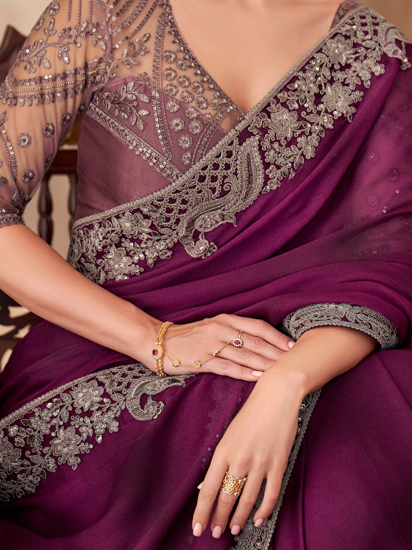 Burgundy Party Wear Chiffon Embellished Saree