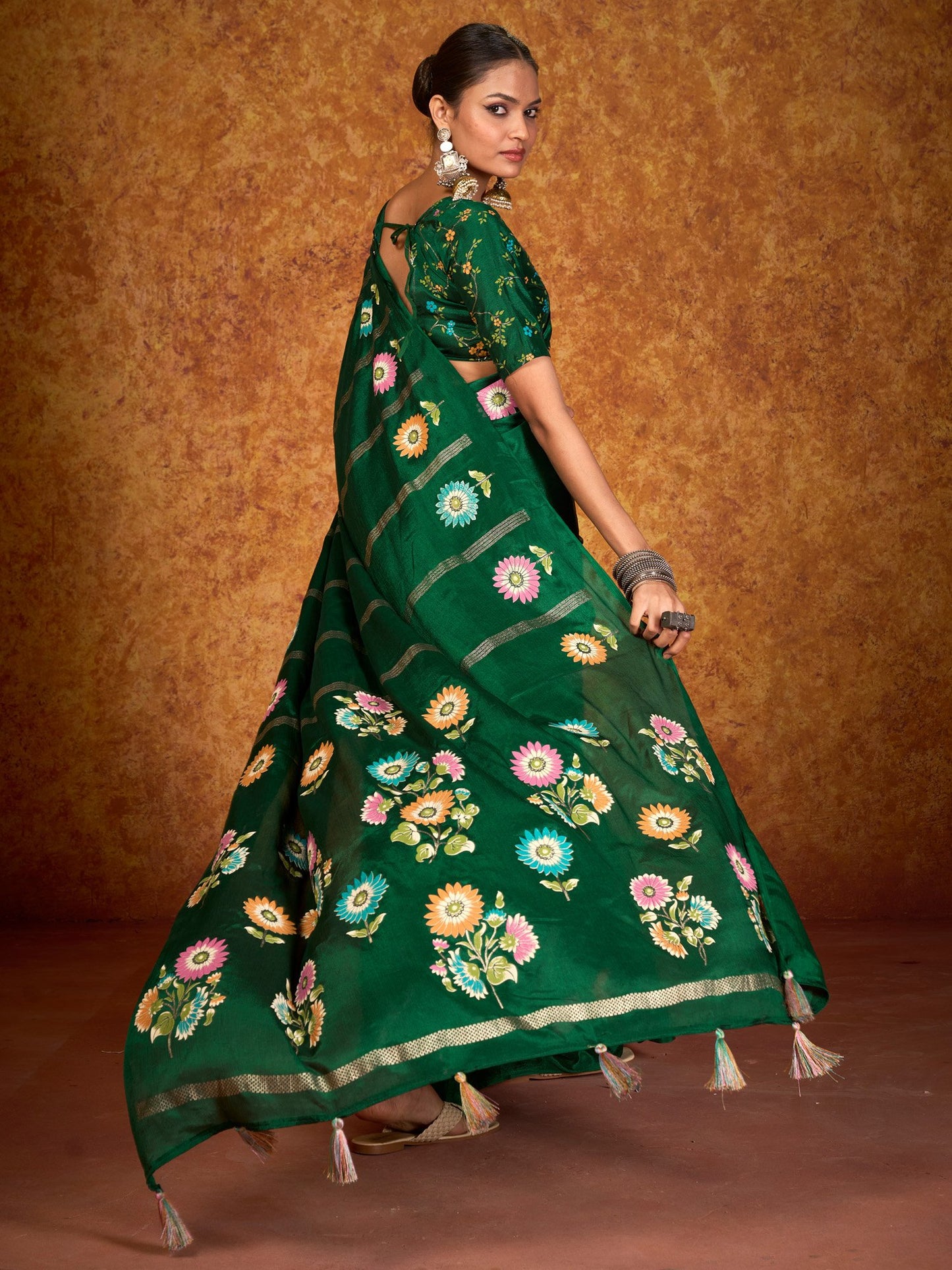 Green Tussar chinnon Printed Saree