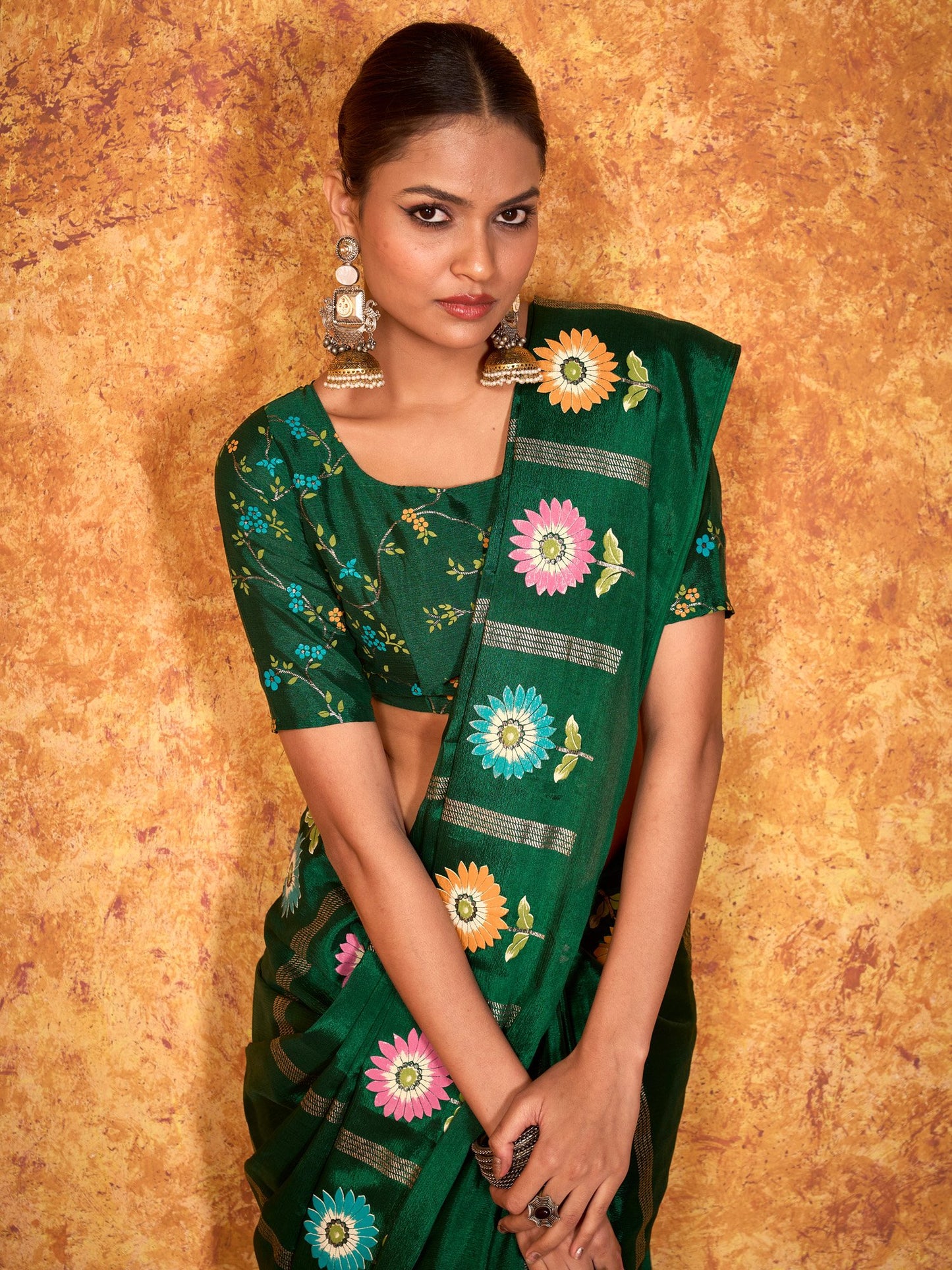 Green Tussar chinnon Printed Saree