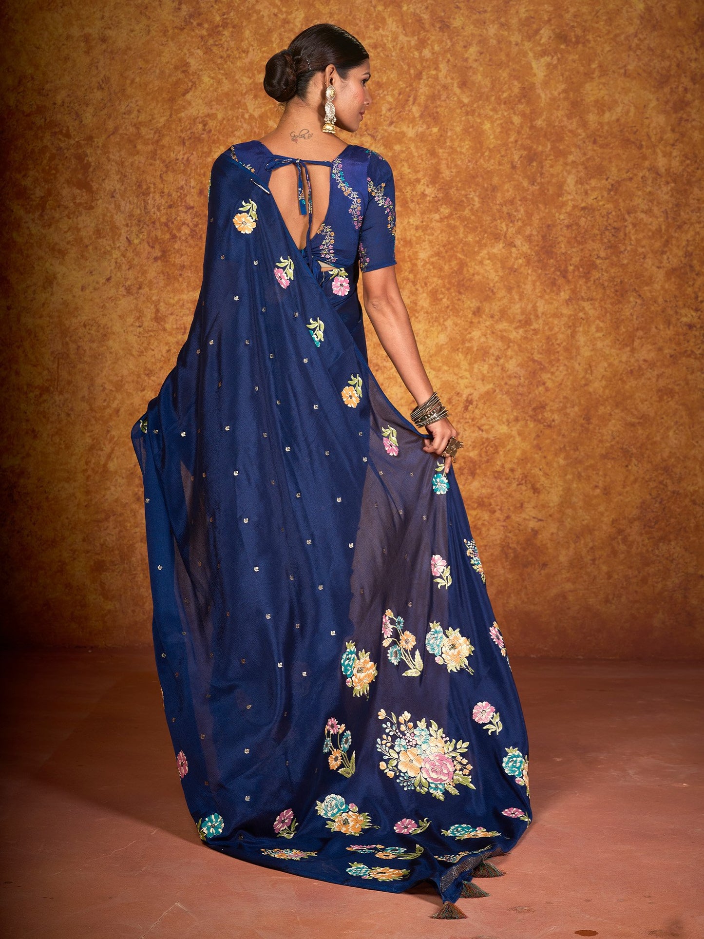 Blue Tussar chinnon Printed Saree