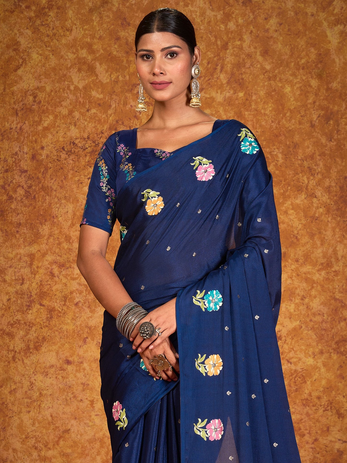 Blue Tussar chinnon Printed Saree