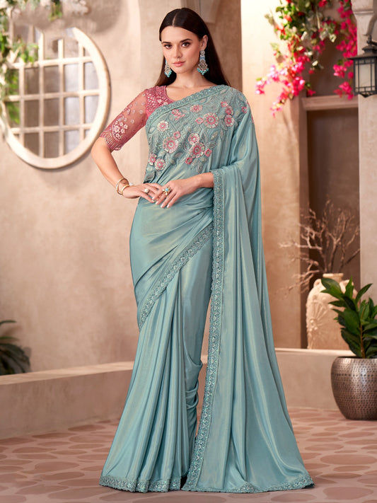 Blue Turquoise Party Wear Georgette Embellished Saree