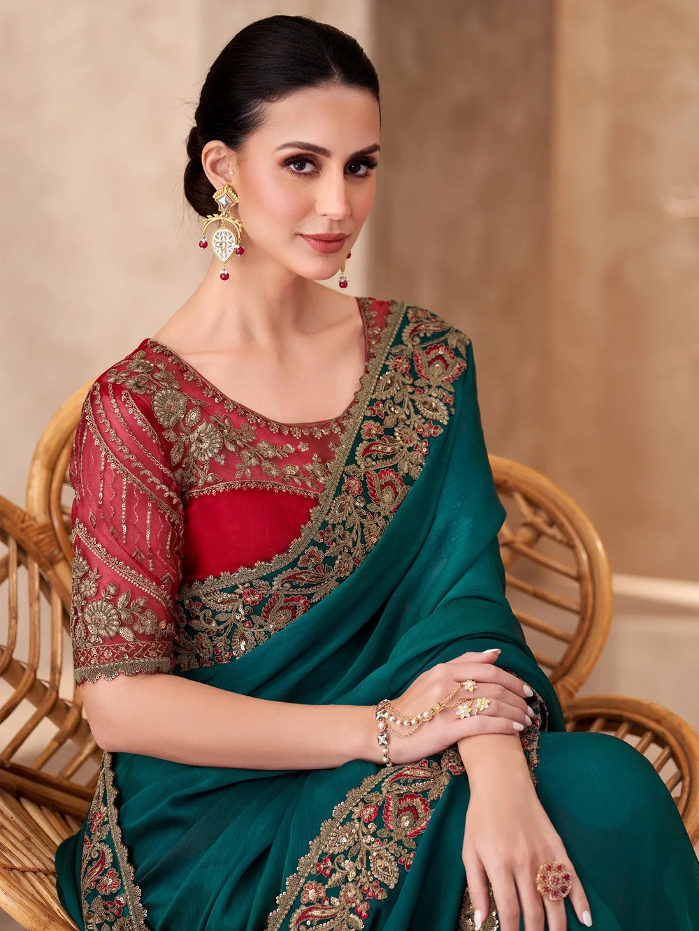 Teal Green Party Wear Chiffon Saree - The Dori Store