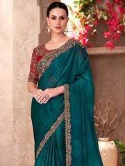 Teal Green Party Wear Chiffon Saree - The Dori Store