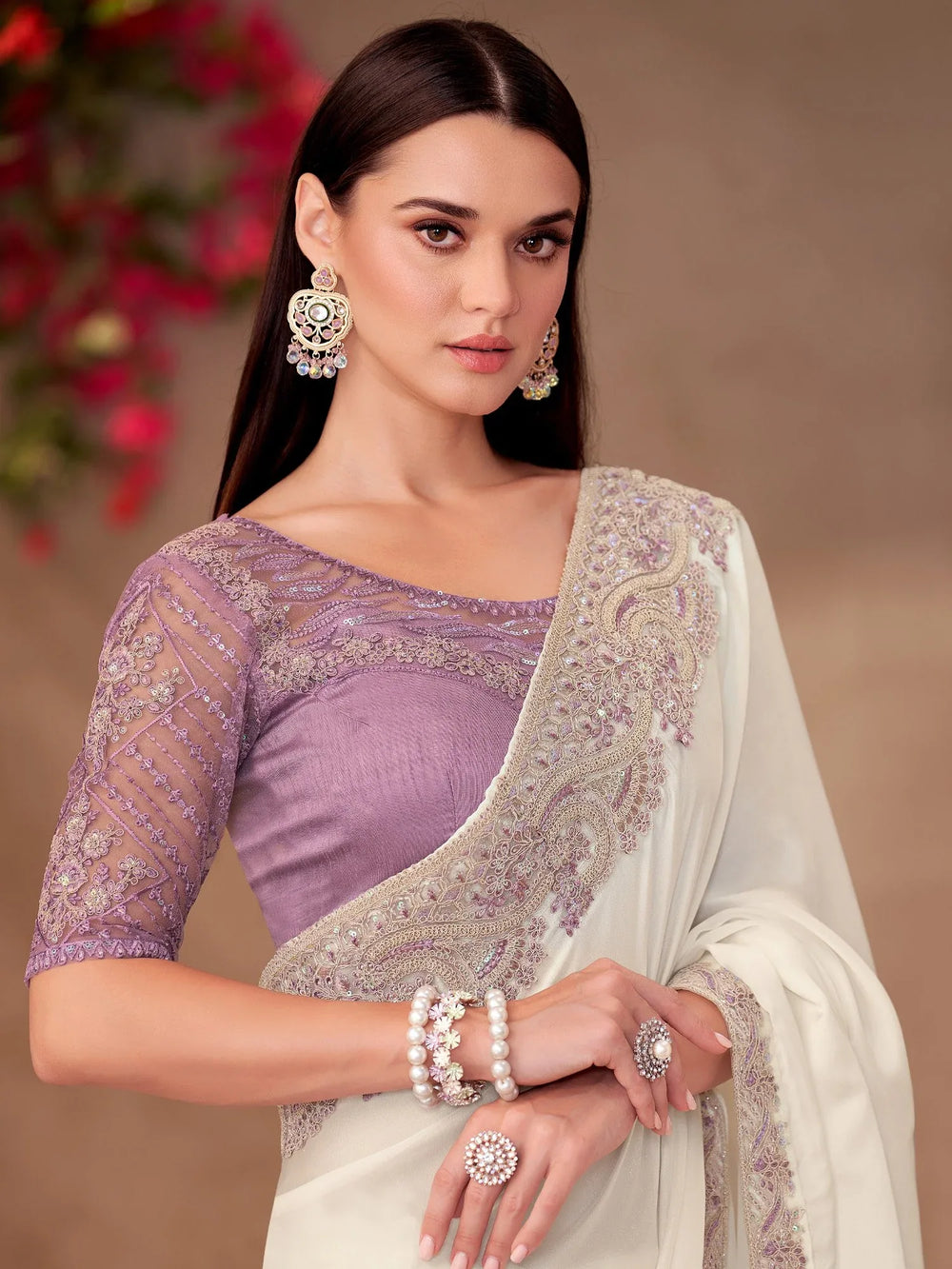 Off White Party Wear Georgette Embellished Saree - The Dori Store