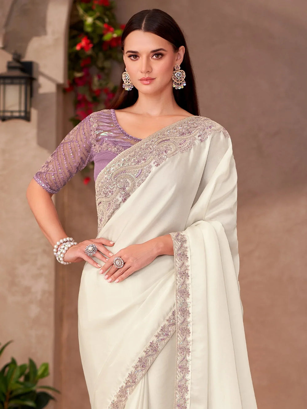 Off White Party Wear Georgette Embellished Saree - The Dori Store