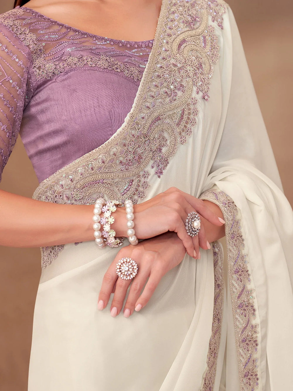 Off White Party Wear Georgette Embellished Saree - The Dori Store