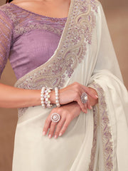 Off White Party Wear Georgette Embellished Saree - The Dori Store