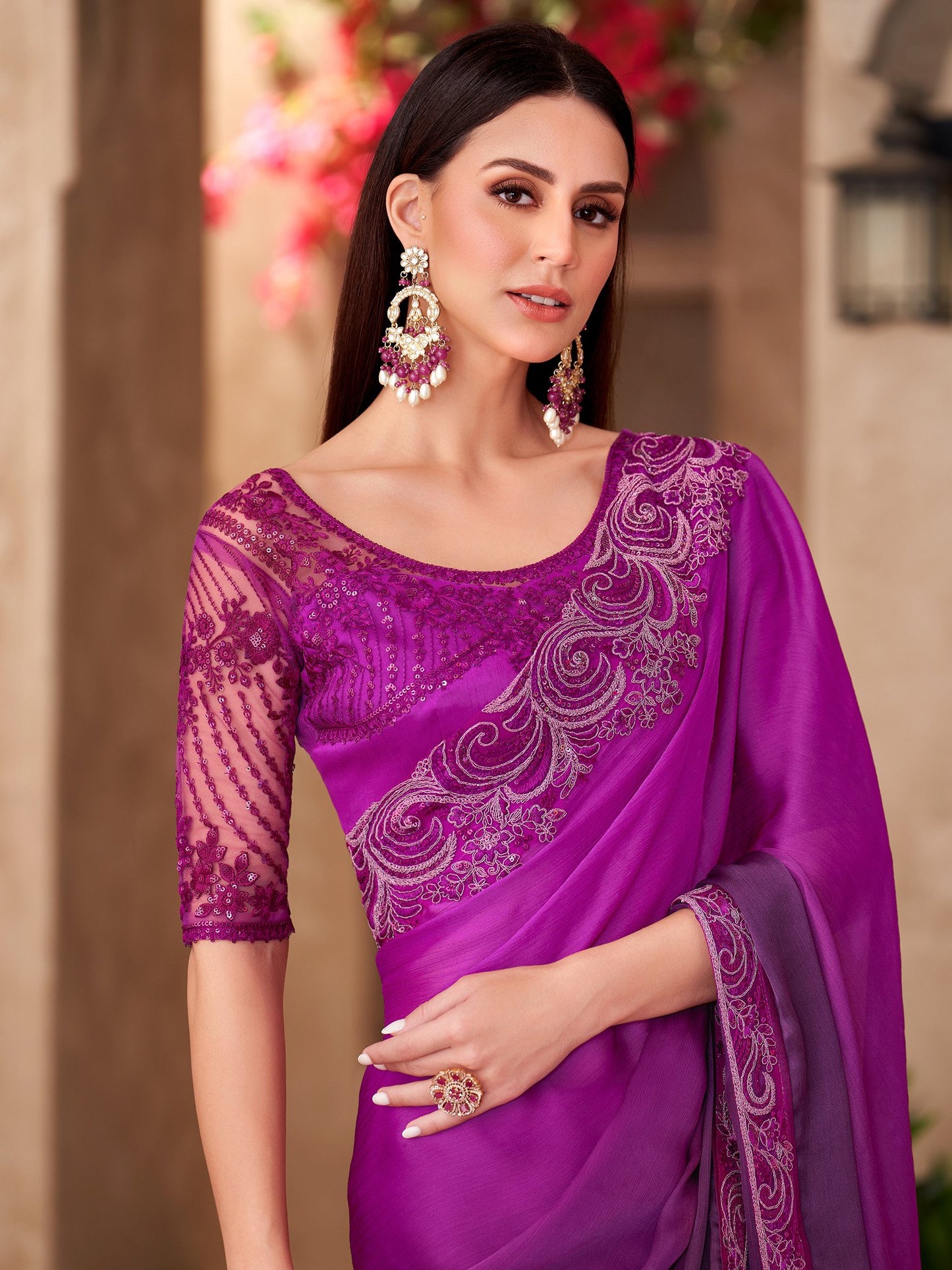 Magenta Party Wear Chiffon Embellished Saree