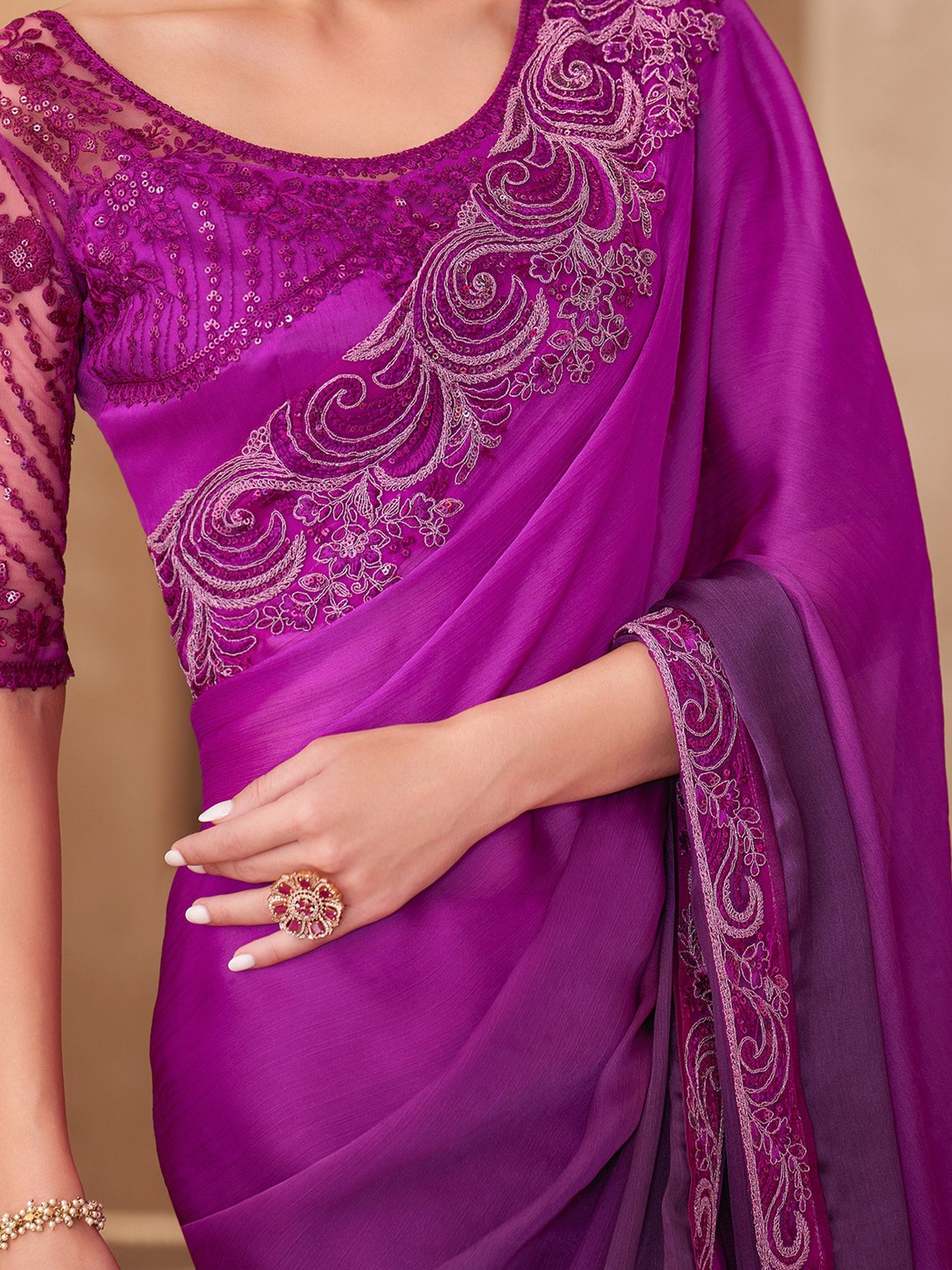 Magenta Party Wear Chiffon Embellished Saree