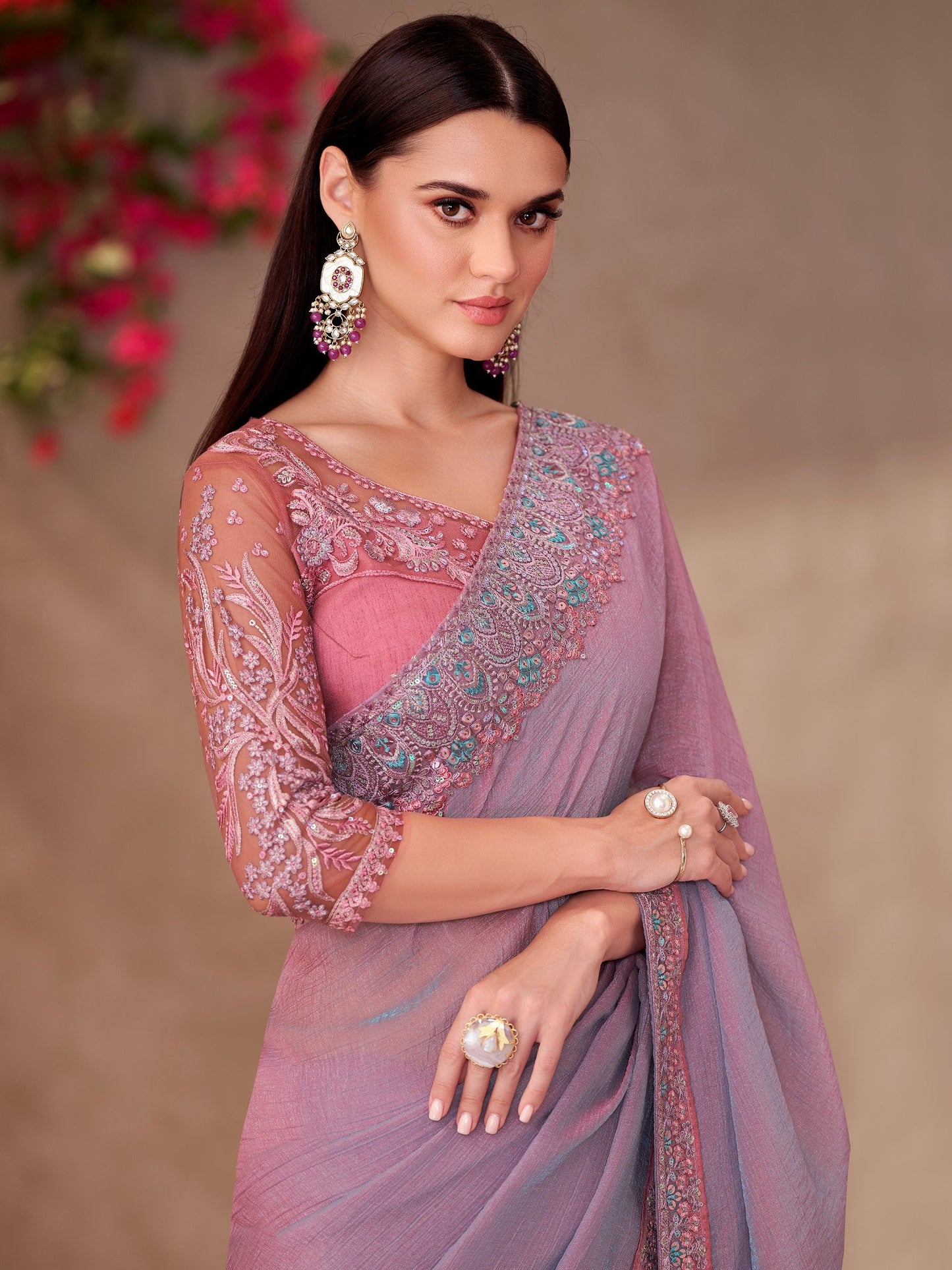 Lavender Mauve Party Wear Georgette Embellished Saree