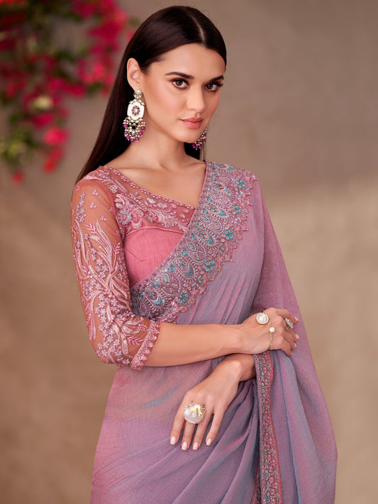 Lavender Mauve Party Wear Georgette Embellished Saree