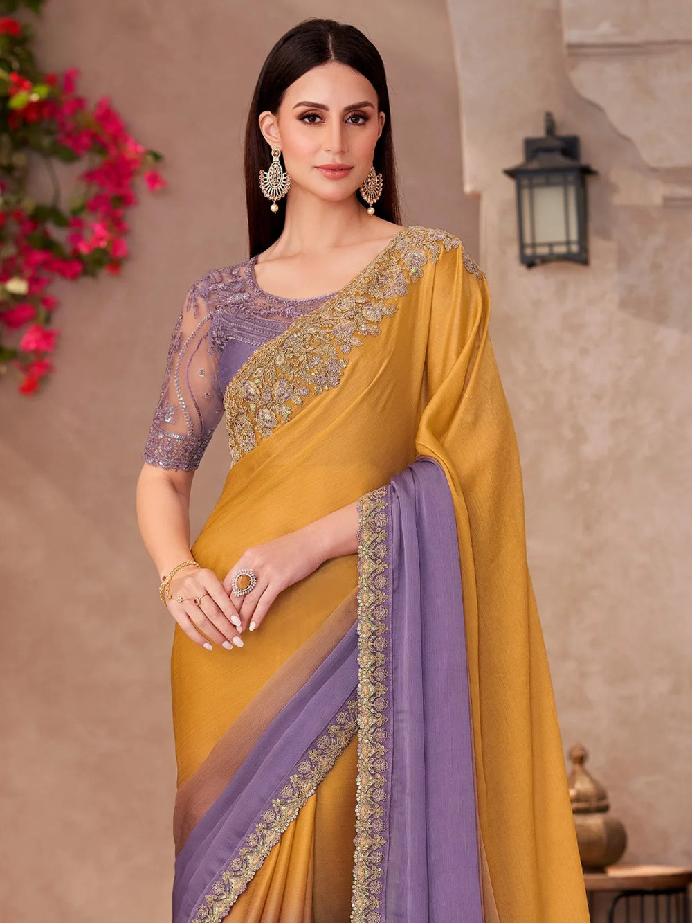 Mustard Party Wear Chiffon Embellished Saree - The Dori Store