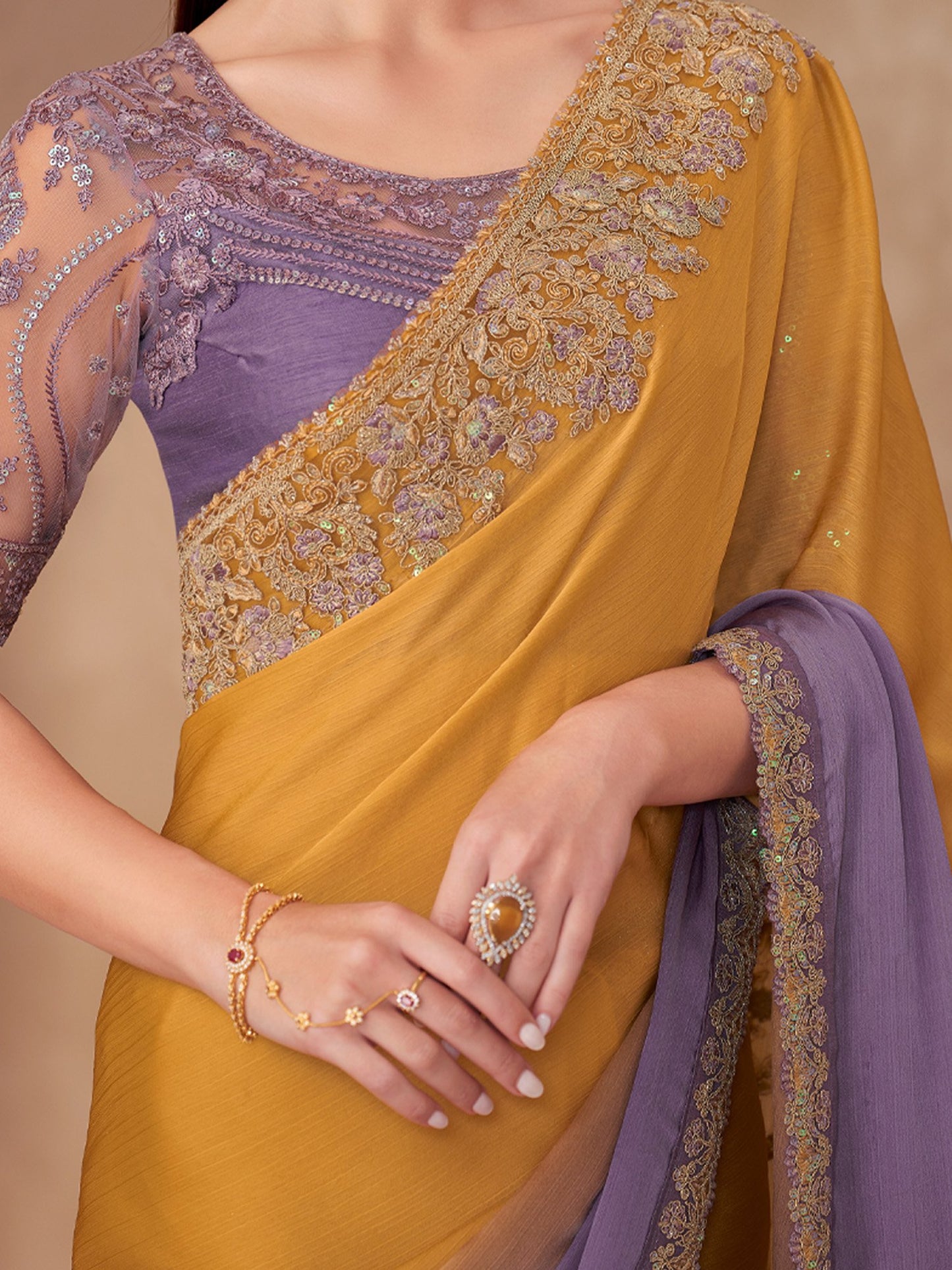 Mustard Party Wear Chiffon Embellished Saree