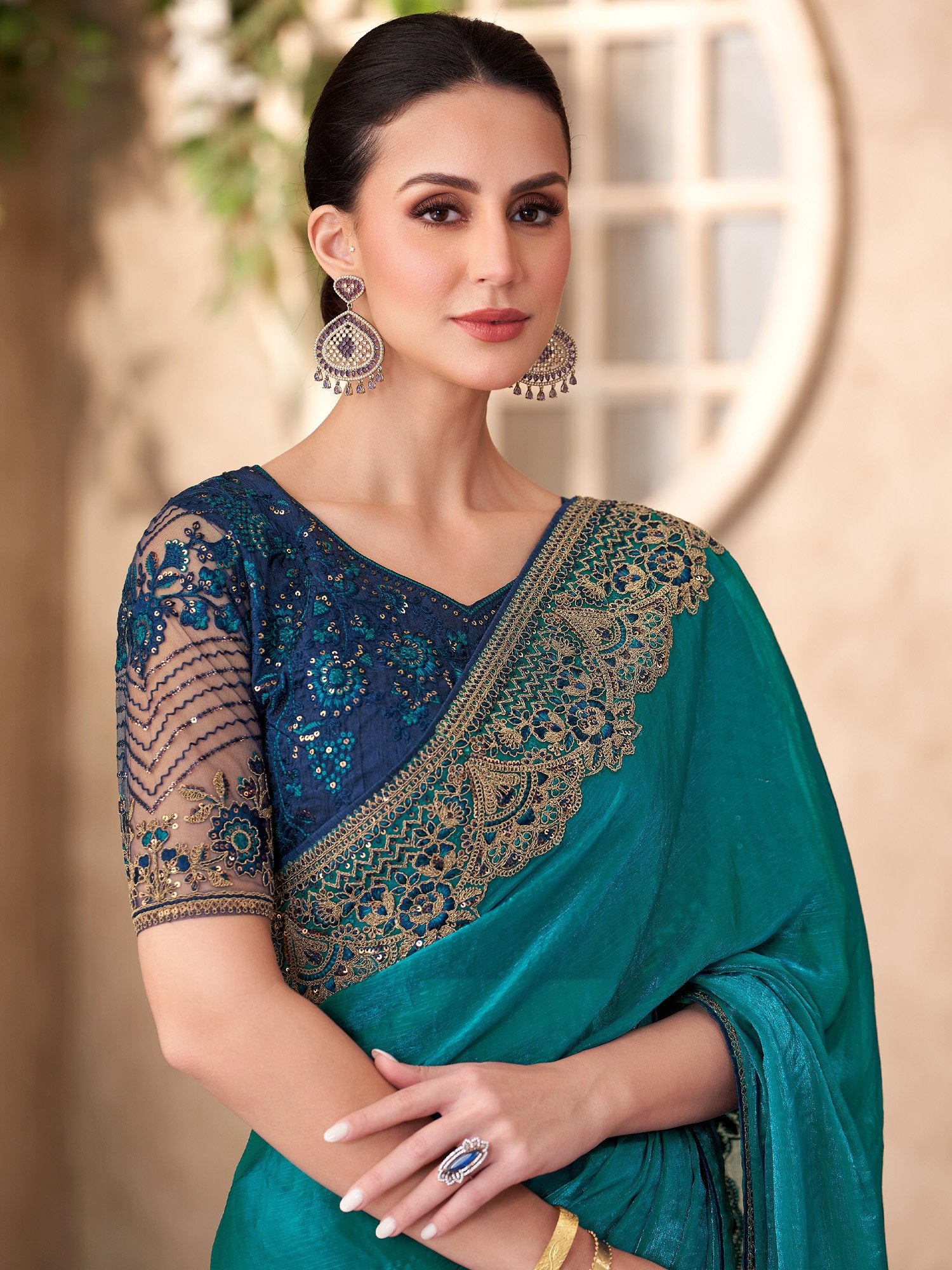 Blue Teal Party Wear Georgette Embellished Saree