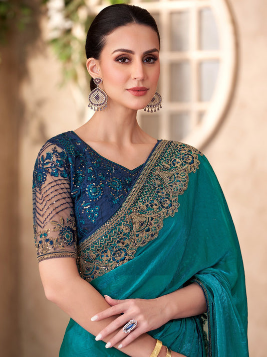 Blue Teal Party Wear Georgette Embellished Saree