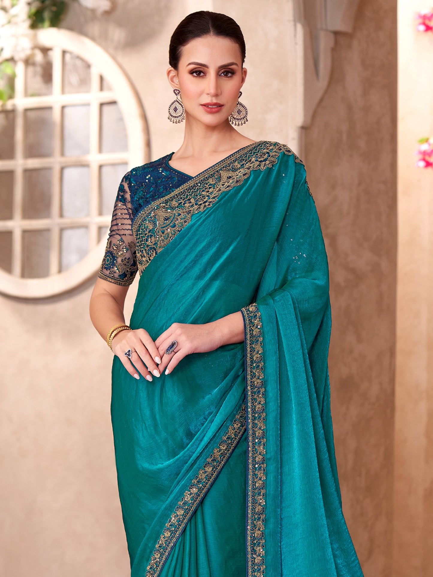 Teal Party Wear Georgette Embellished Saree