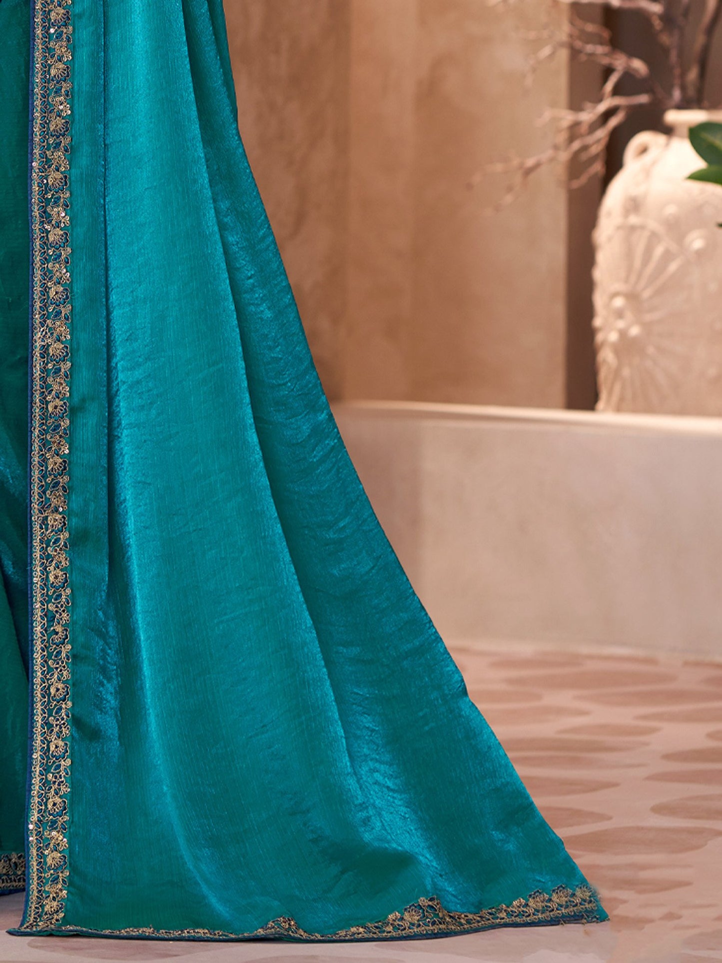 Teal Party Wear Georgette Embellished Saree