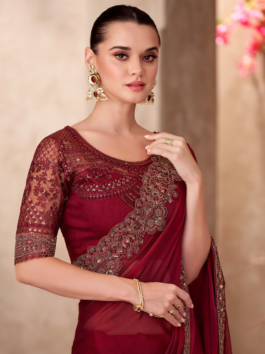 Maroon Magenta Party Wear Chiffon Embellished Saree