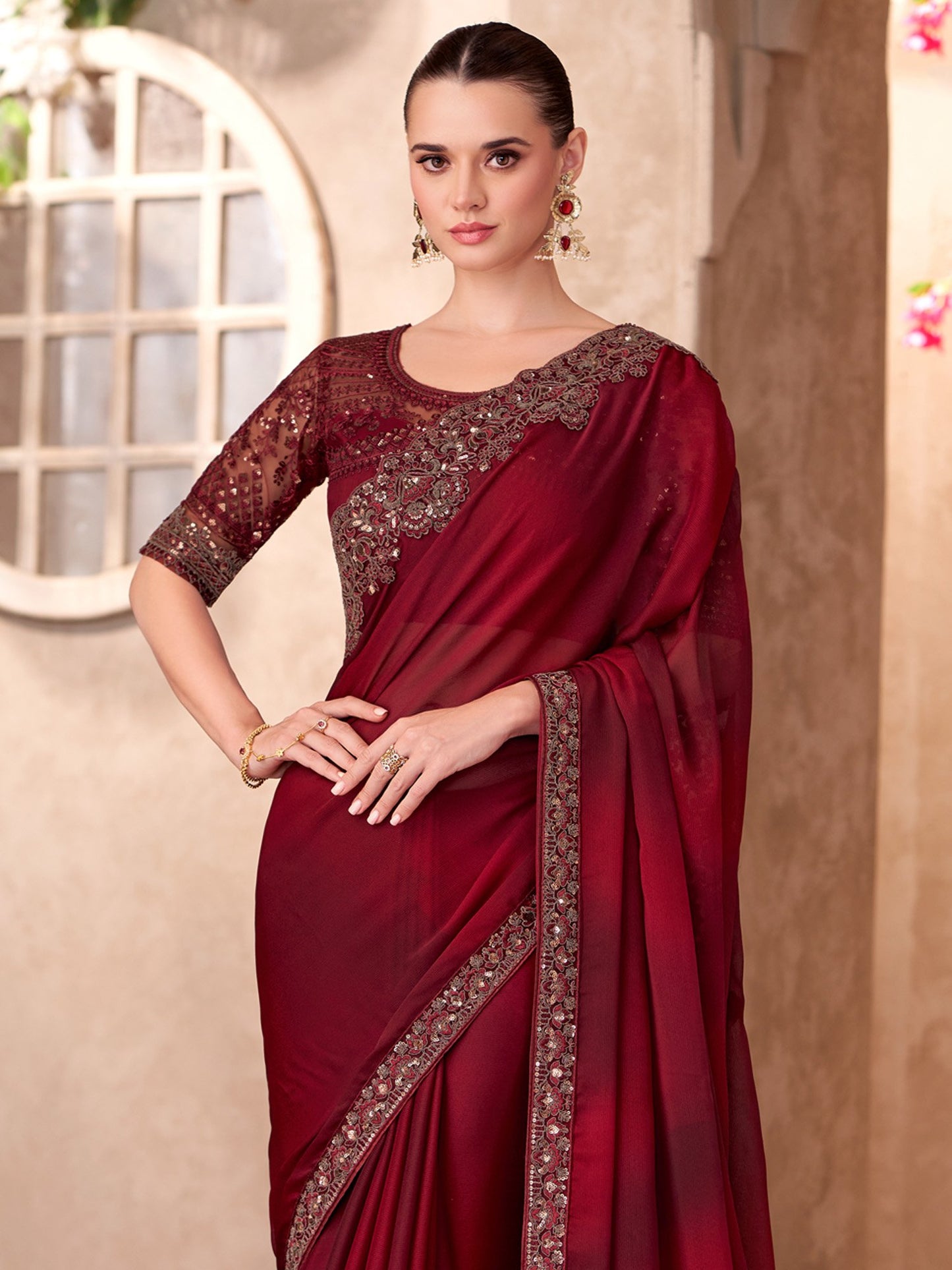 Magenta Party Wear Chiffon Embellished Saree