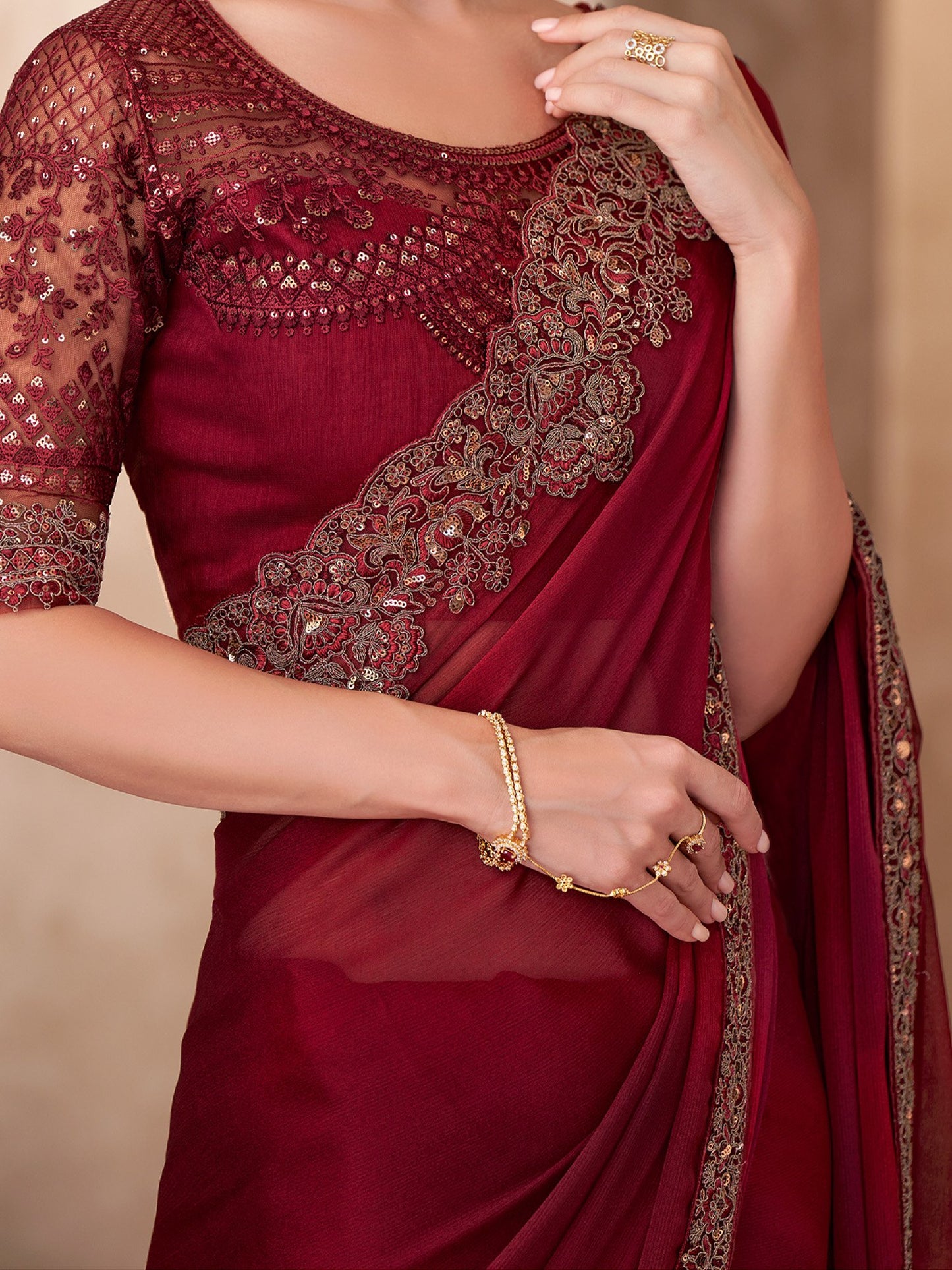 Magenta Party Wear Chiffon Embellished Saree