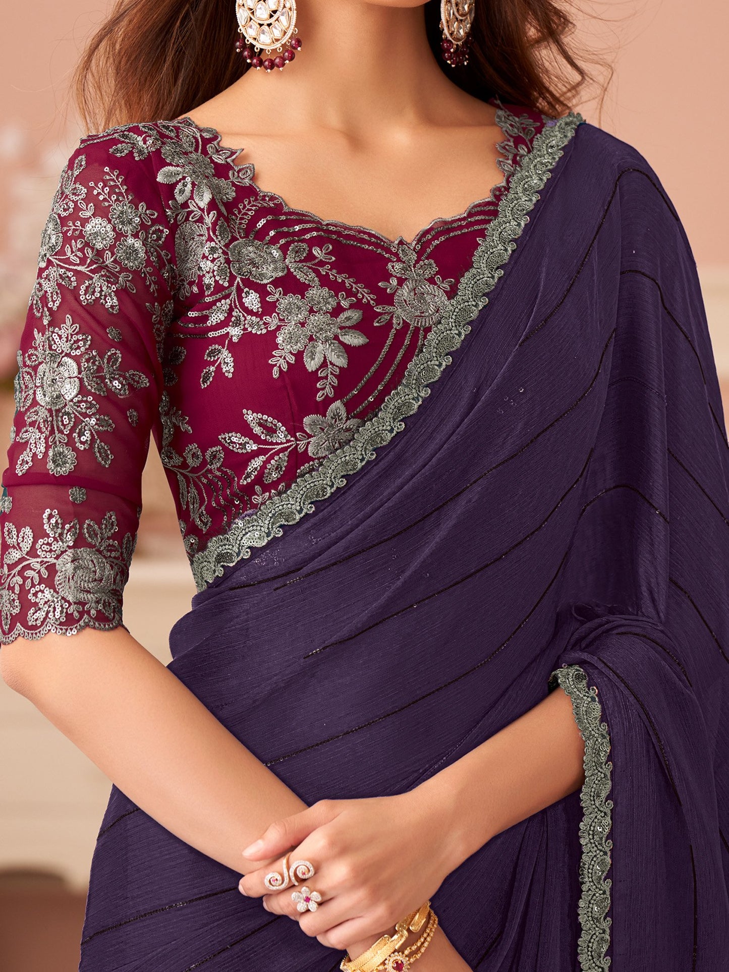 Violet Party Wear Satin Silk Embellished Saree