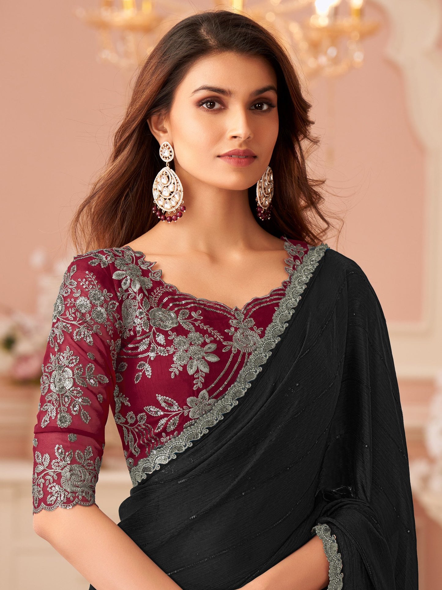 Black Black Party Wear Satin Silk Embellished Saree