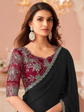 Black Party Wear Satin Silk Embellished Saree - The Dori Store