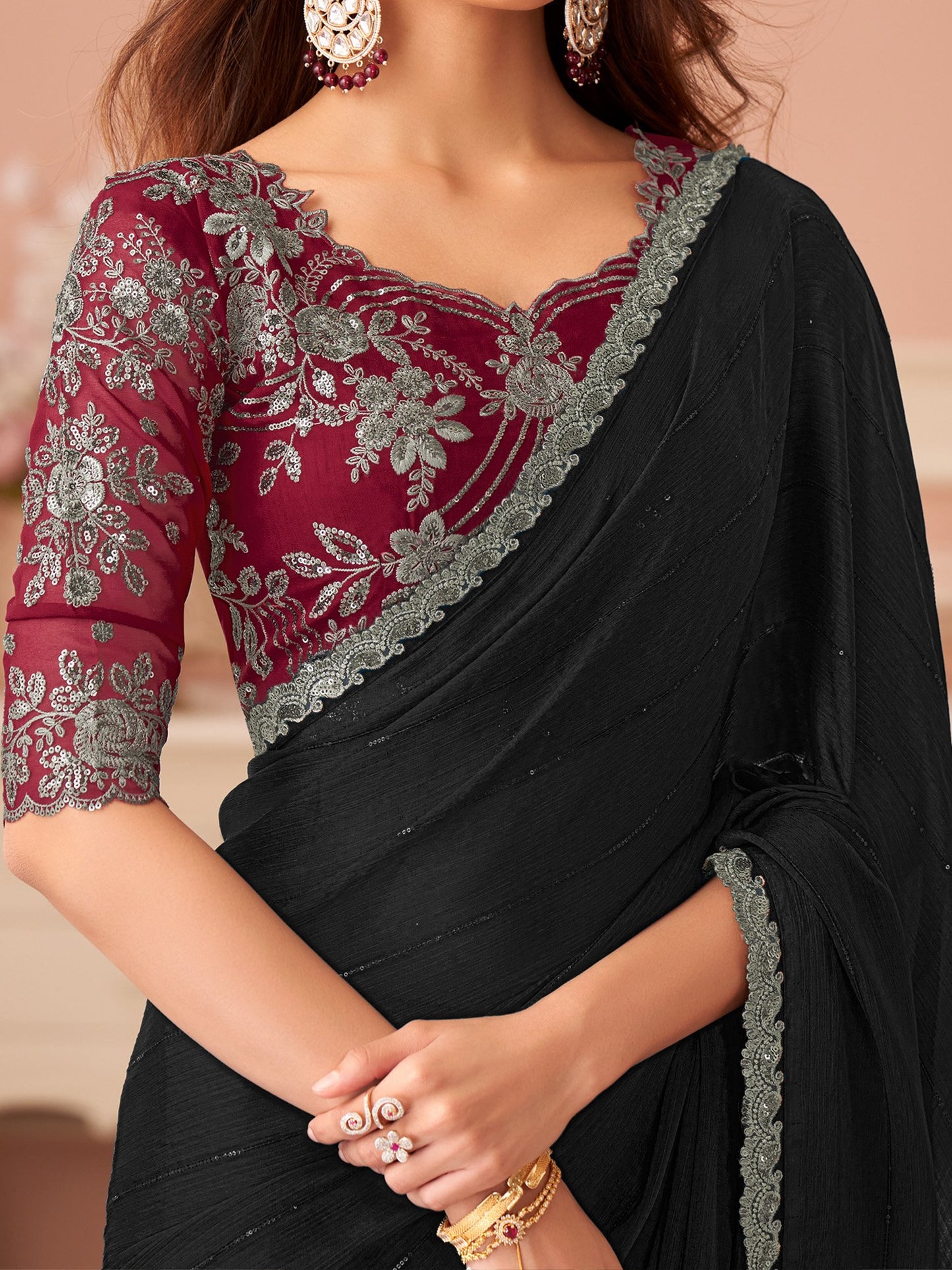 Black Party Wear Satin Silk Embellished Saree