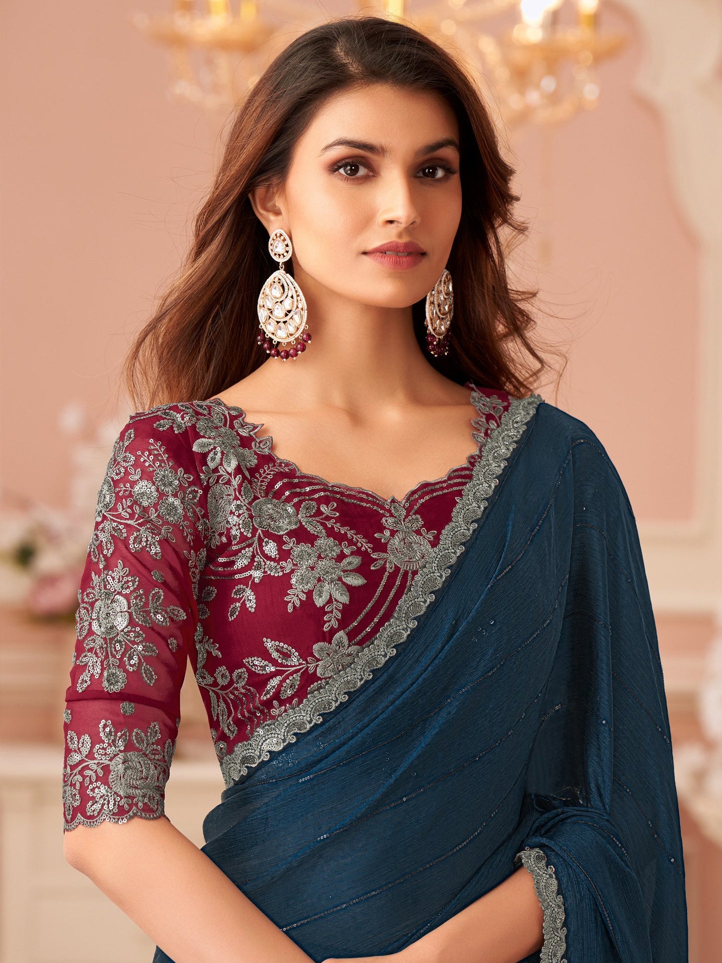 Blue Teal Party Wear Satin Silk Embellished Saree