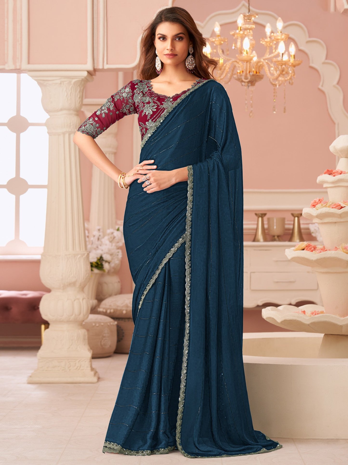 Teal Party Wear Satin Silk Embellished Saree