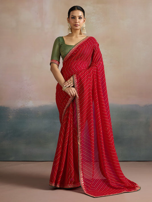 Red Red Leheriya Georgette Printed Saree