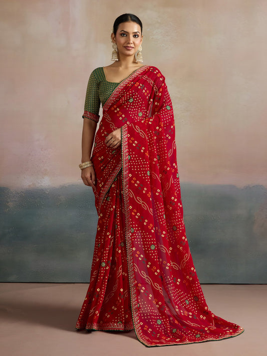Red Red Bandhani Georgette Printed Saree
