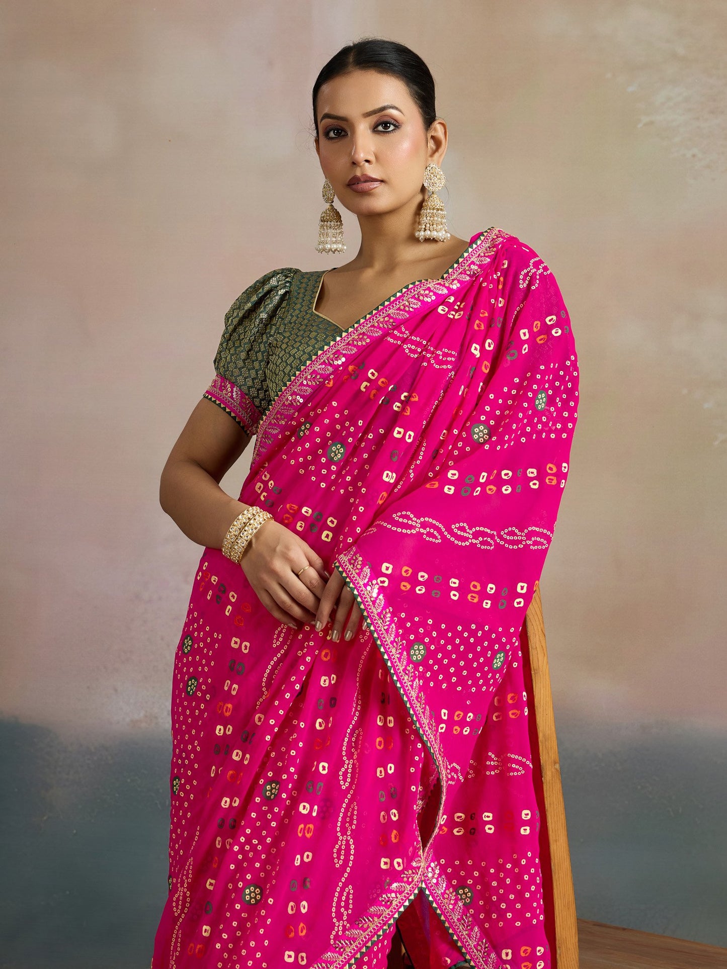 Pink Bandhani Georgette Printed Saree