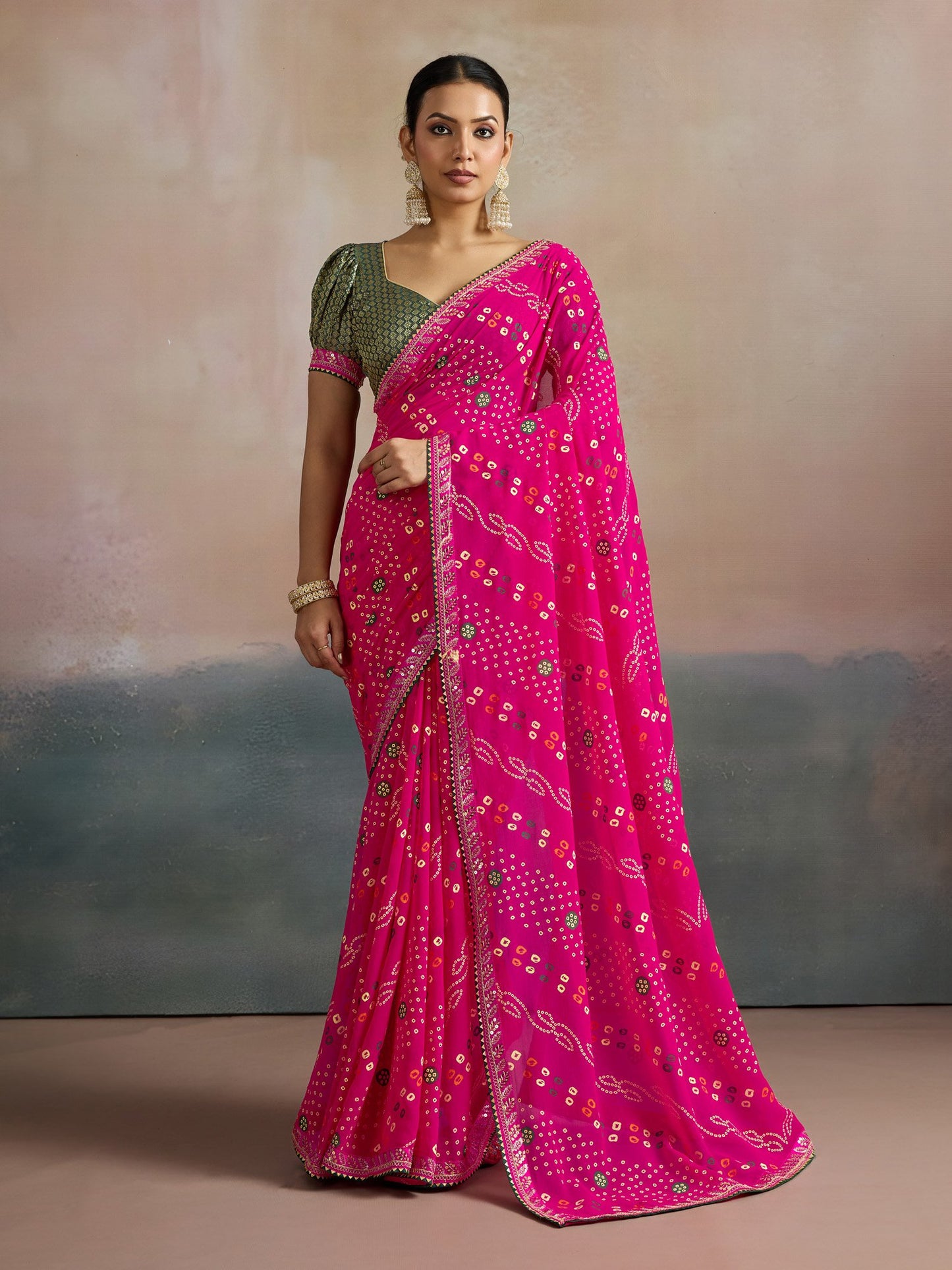 Pink Bandhani Georgette Printed Saree