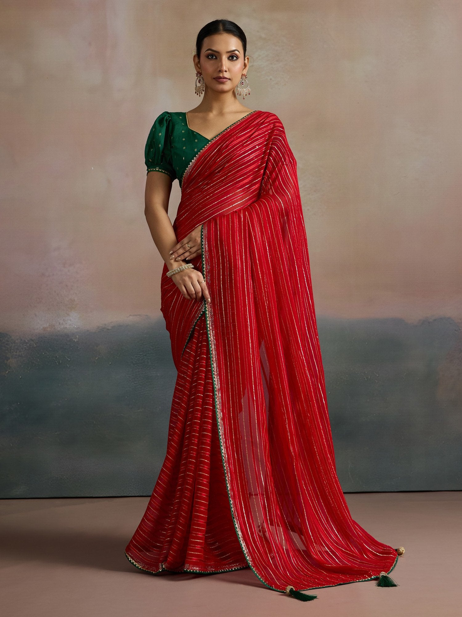 Red Red Leheriya Viscose Printed Saree