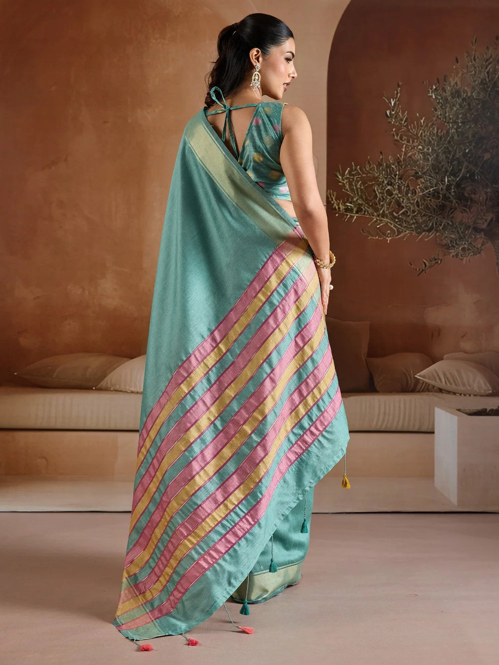 Turquoise Mangalagiri Bhagalpuri Silk Woven Saree - The Dori Store