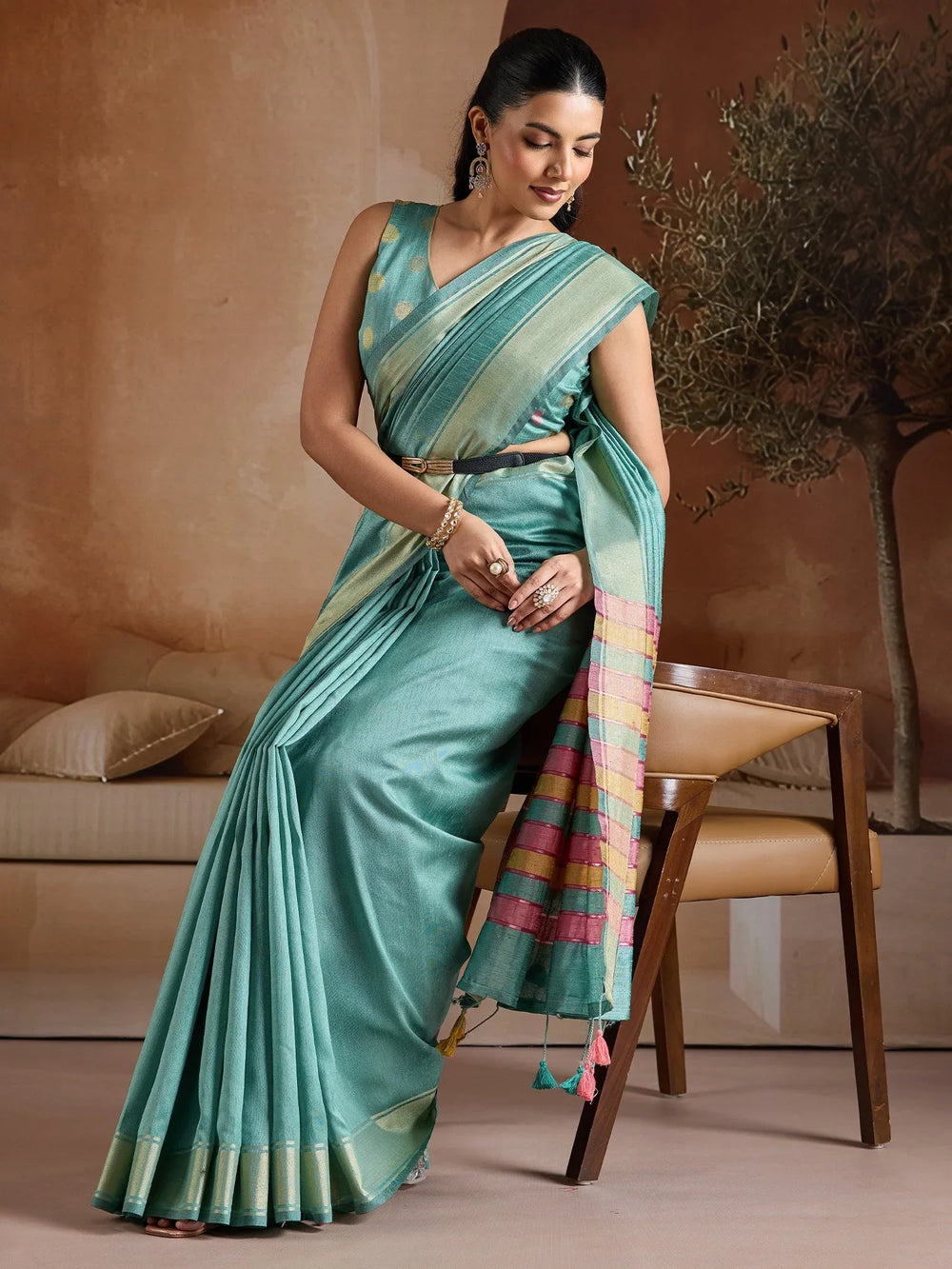 Turquoise Mangalagiri Bhagalpuri Silk Woven Saree - The Dori Store