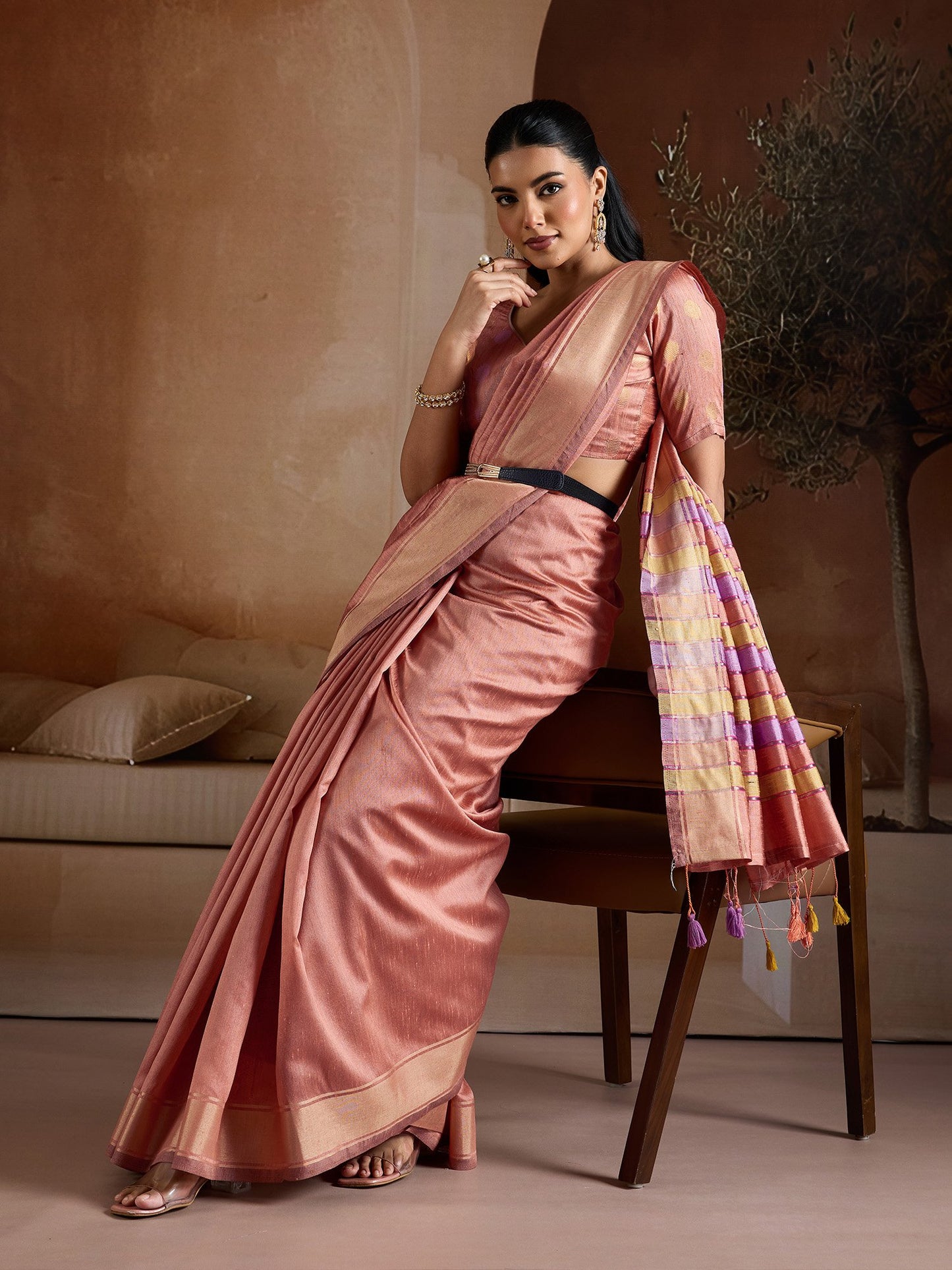 Peach Mangalagiri Bhagalpuri Silk Woven Saree