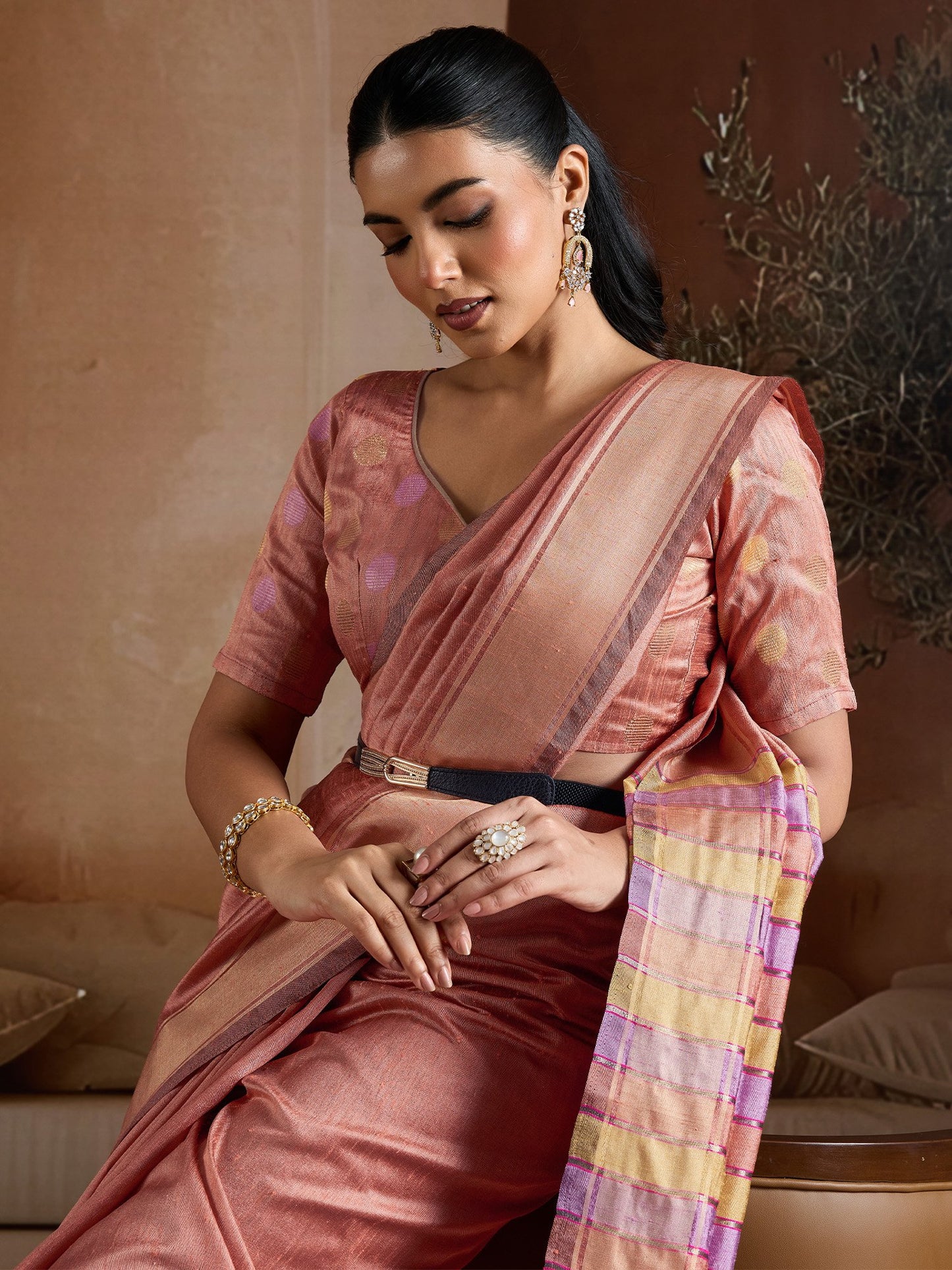 Peach Mangalagiri Bhagalpuri Silk Woven Saree