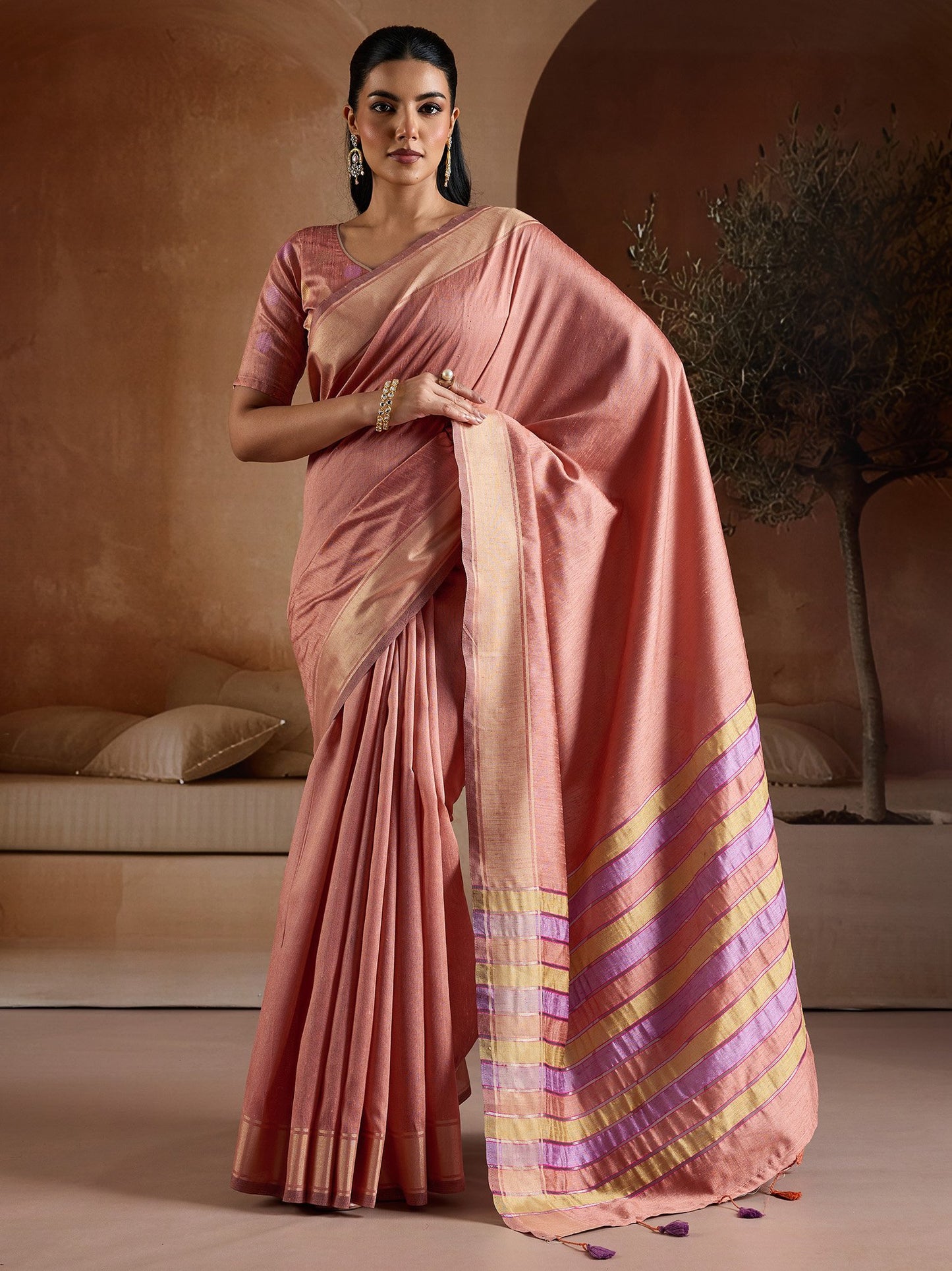 Pink Peach Mangalagiri Bhagalpuri Silk Woven Saree