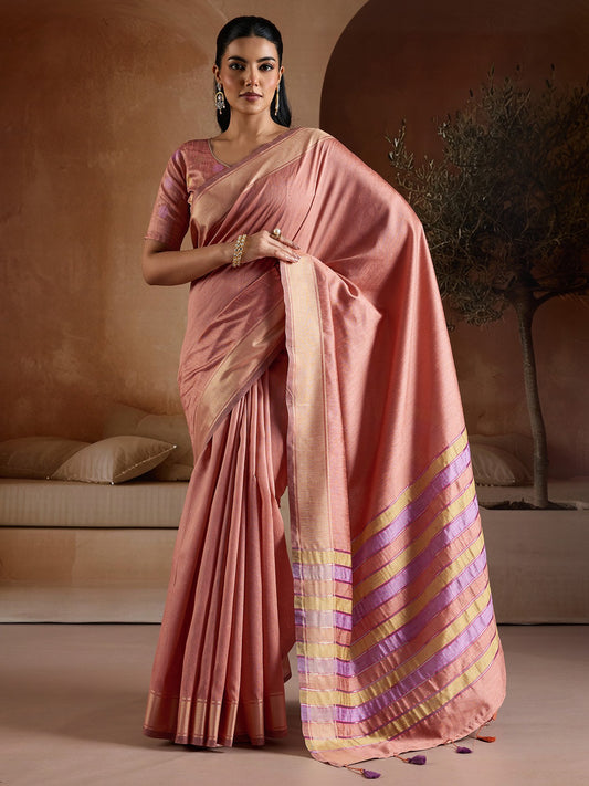 Pink Peach Mangalagiri Bhagalpuri Silk Woven Saree