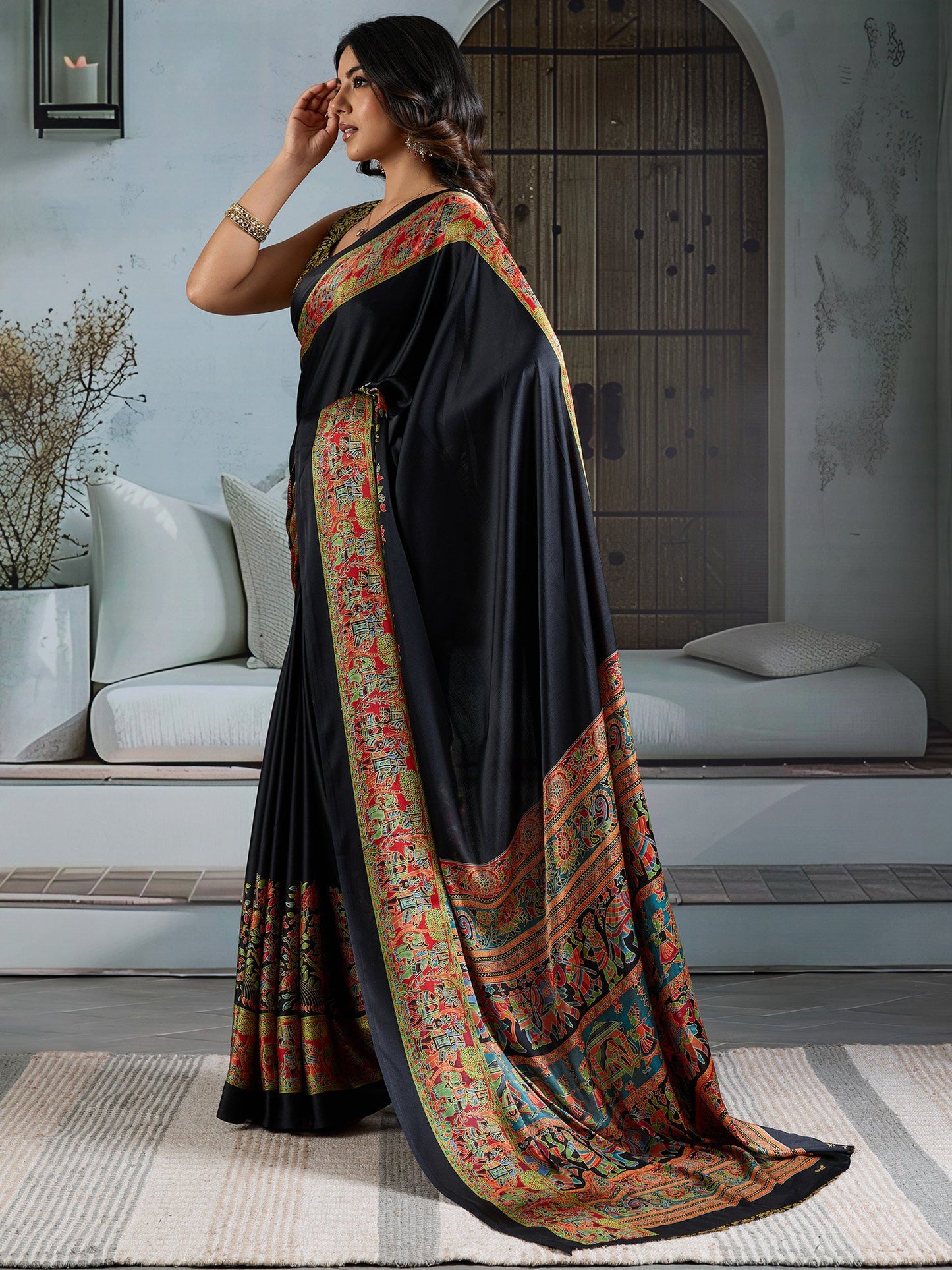 Black Banarasi Satin Printed Saree
