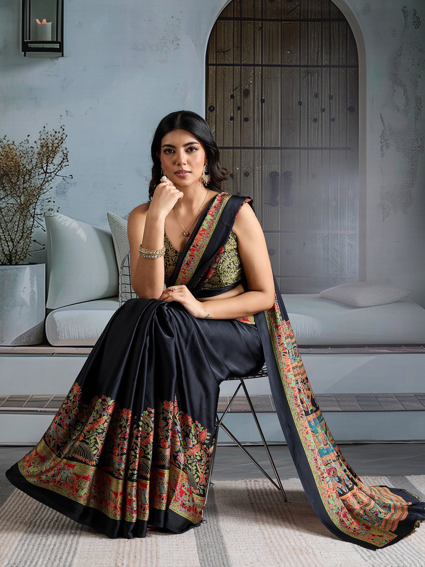 Black Banarasi Satin Printed Saree
