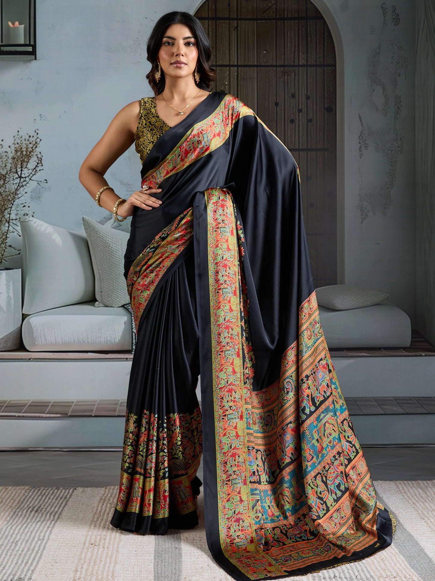 Black Black Banarasi Satin Printed Saree