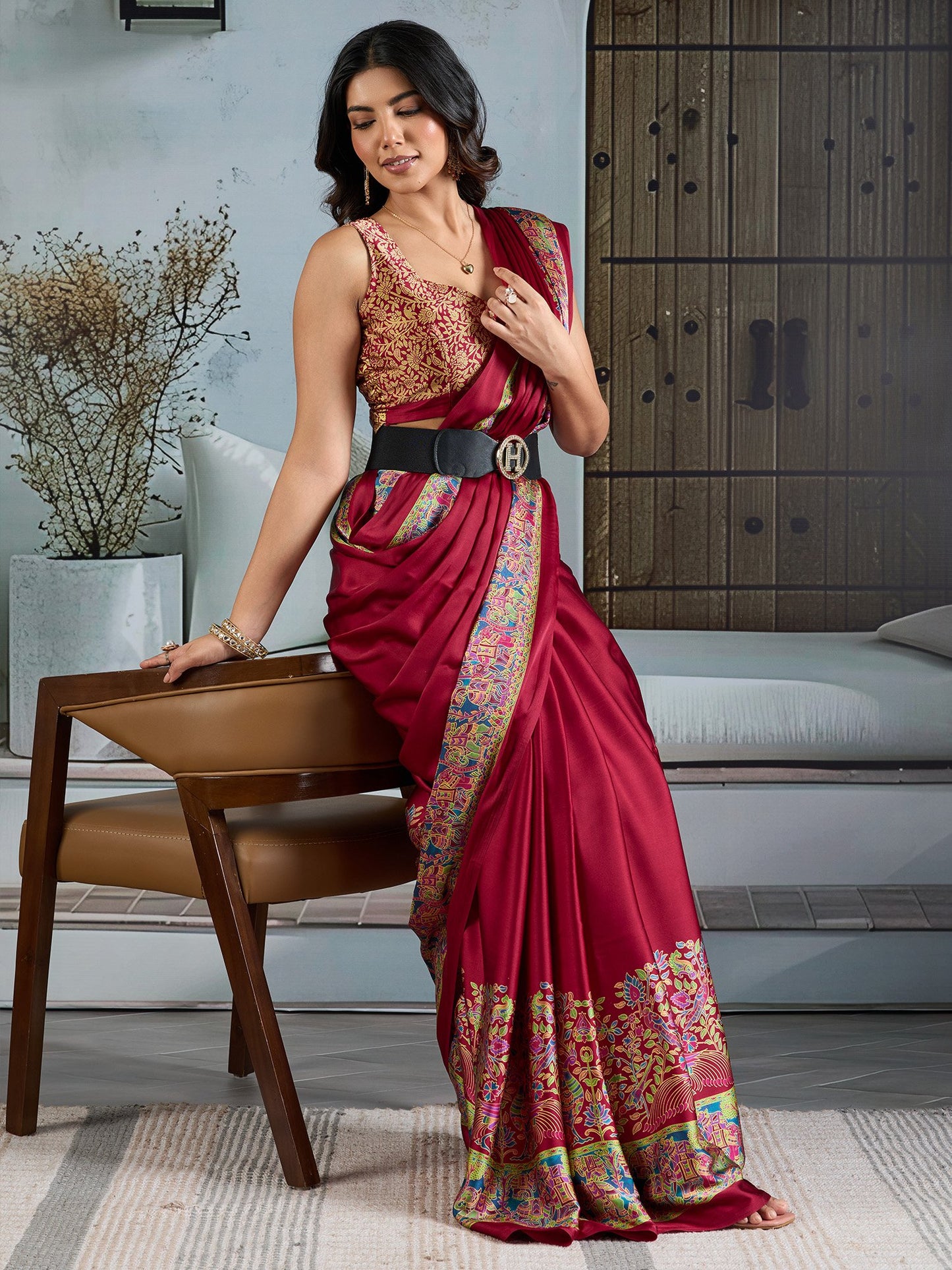 Maroon Banarasi Satin Printed Saree