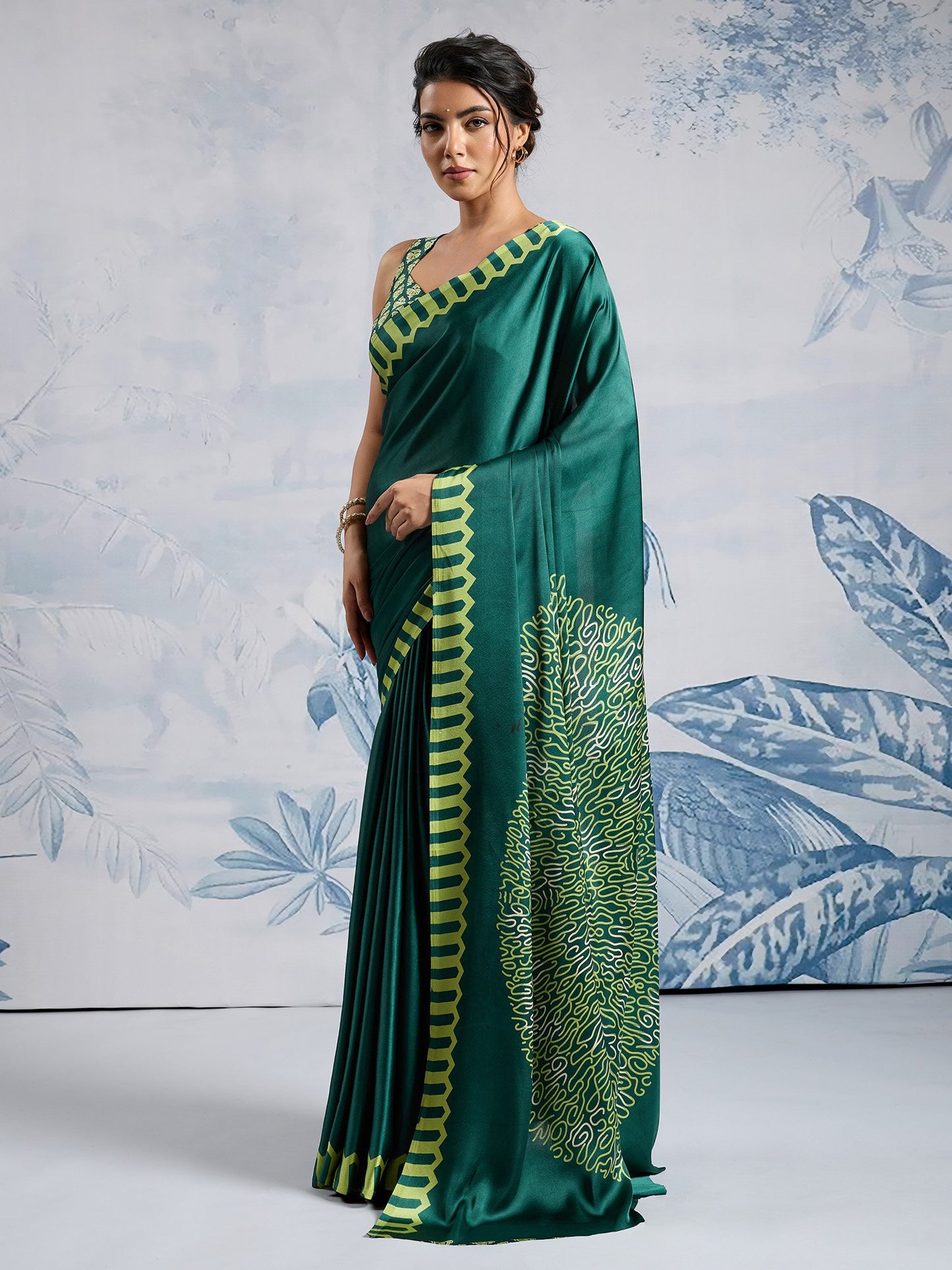 Teal Block Print Satin Printed Saree