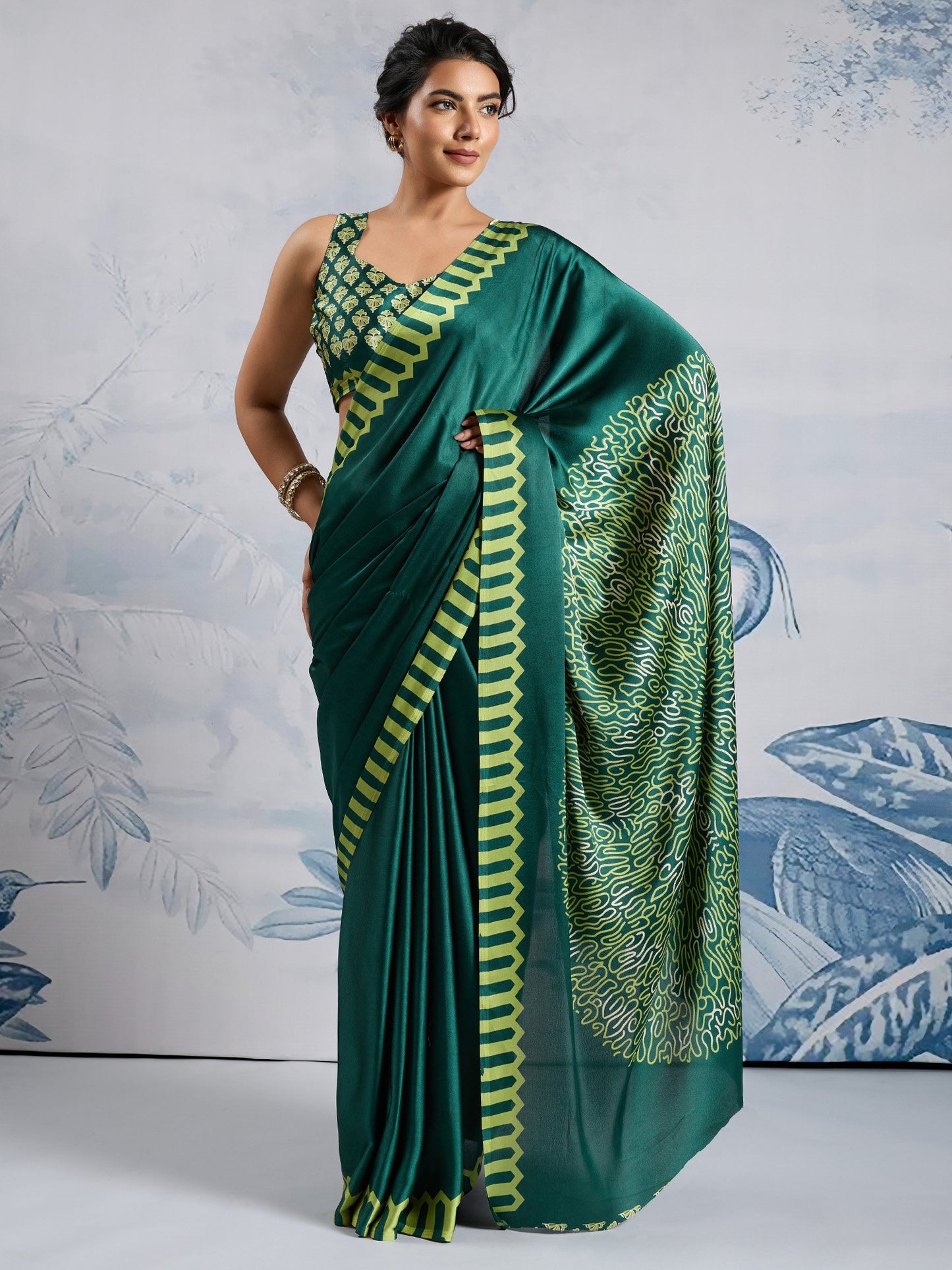 Teal Block Print Satin Printed Saree